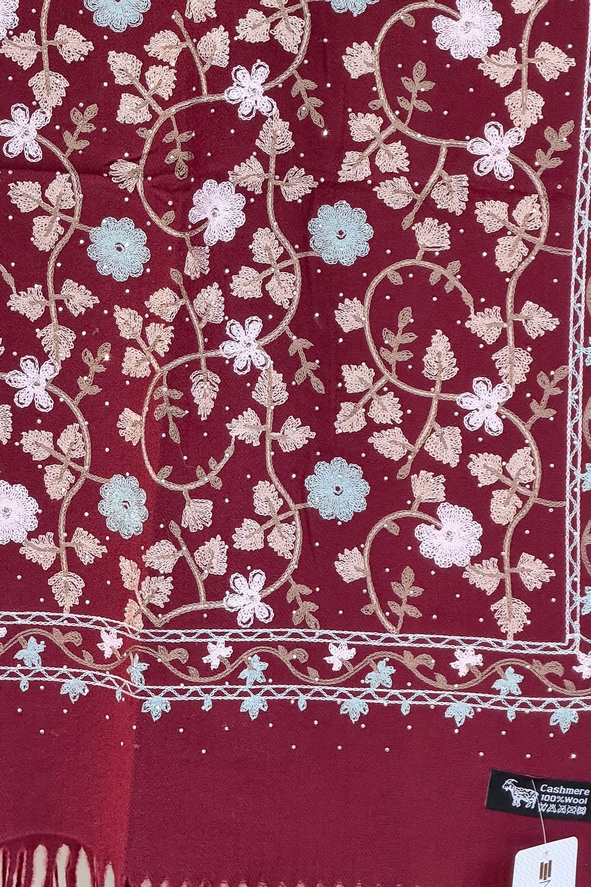 Çiçek Nakış İşlemeli Taş Baskılı Kaşmir Şal Bordo RenkŞAL & FULAR