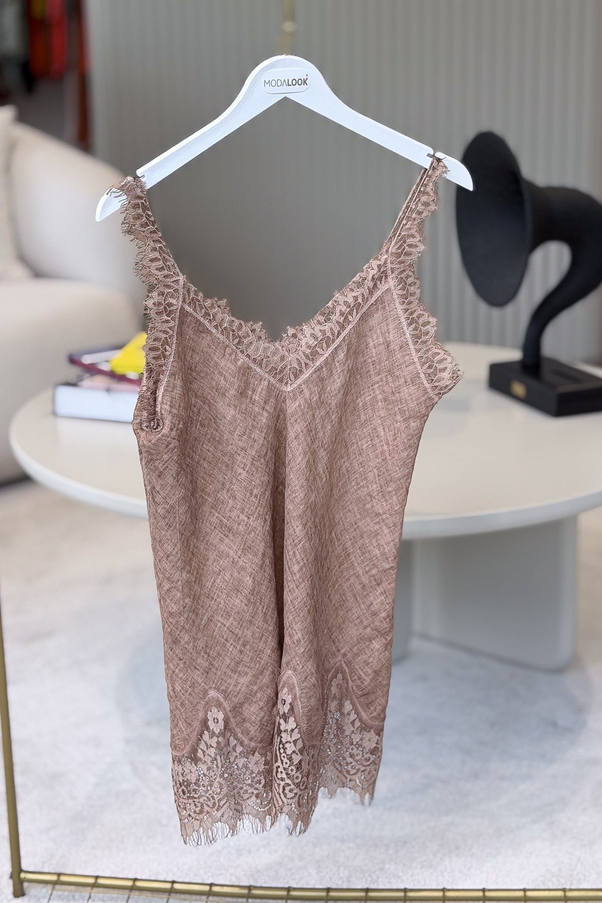 Dantel Askılı Keten Bluz Camel RenkBADİ