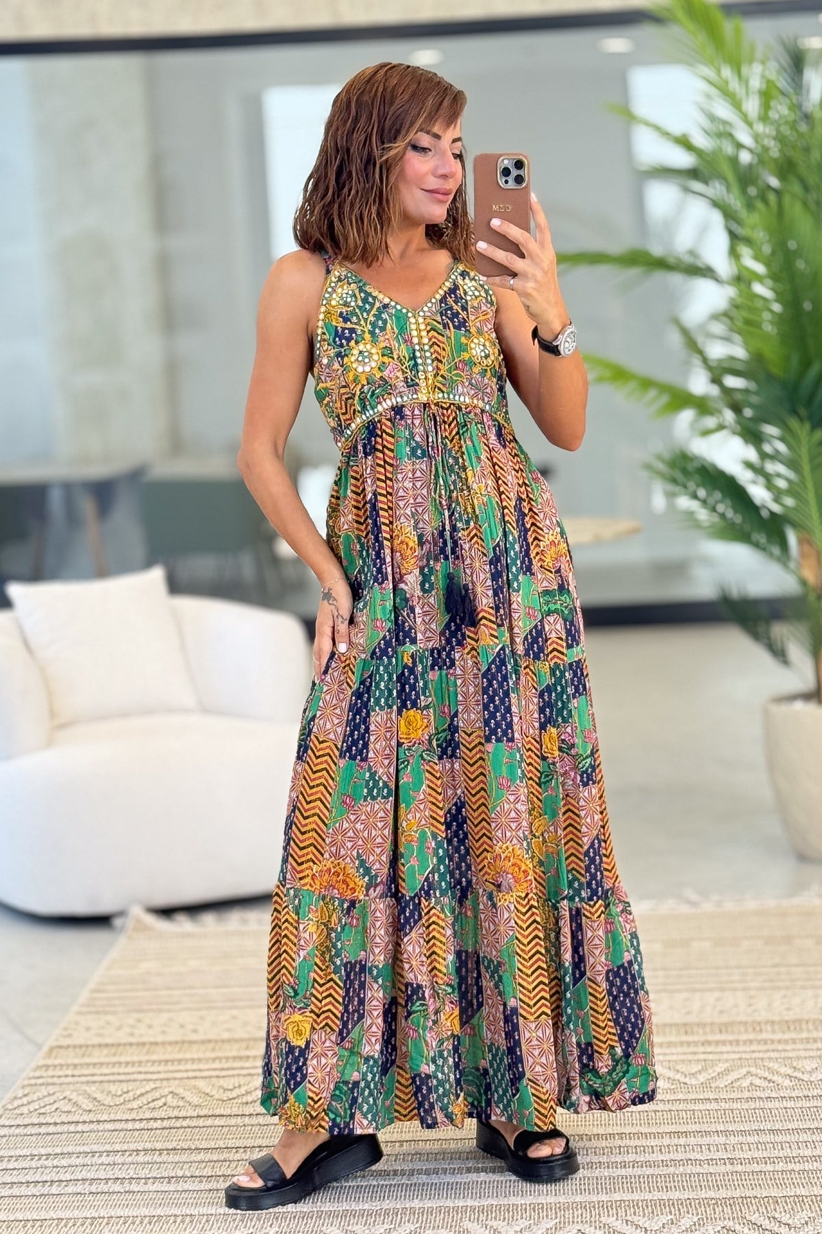 Desenli Askılı Elbise Mor RenkELBİSE