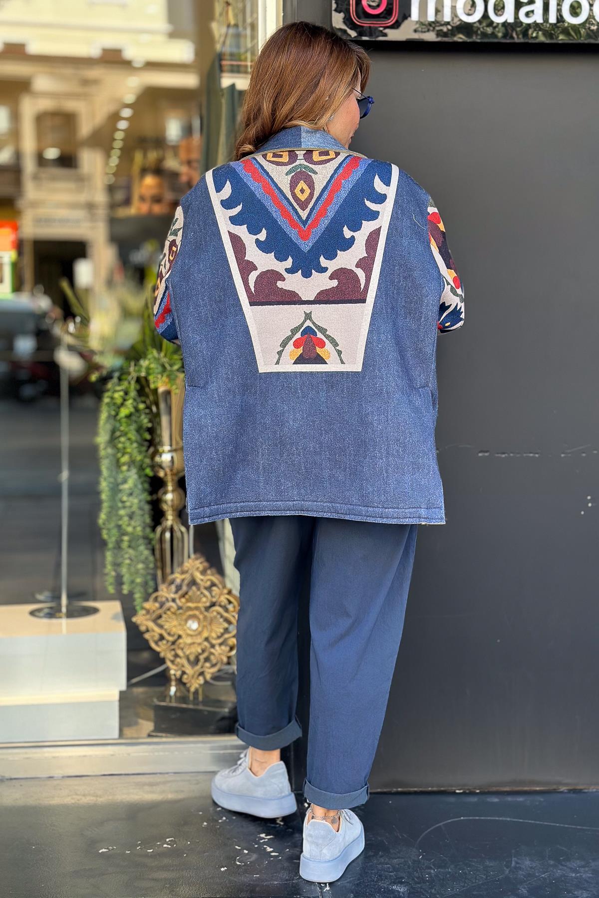 Desenli Dalgıç Kumaş Blazer Lacivert RenkCEKET