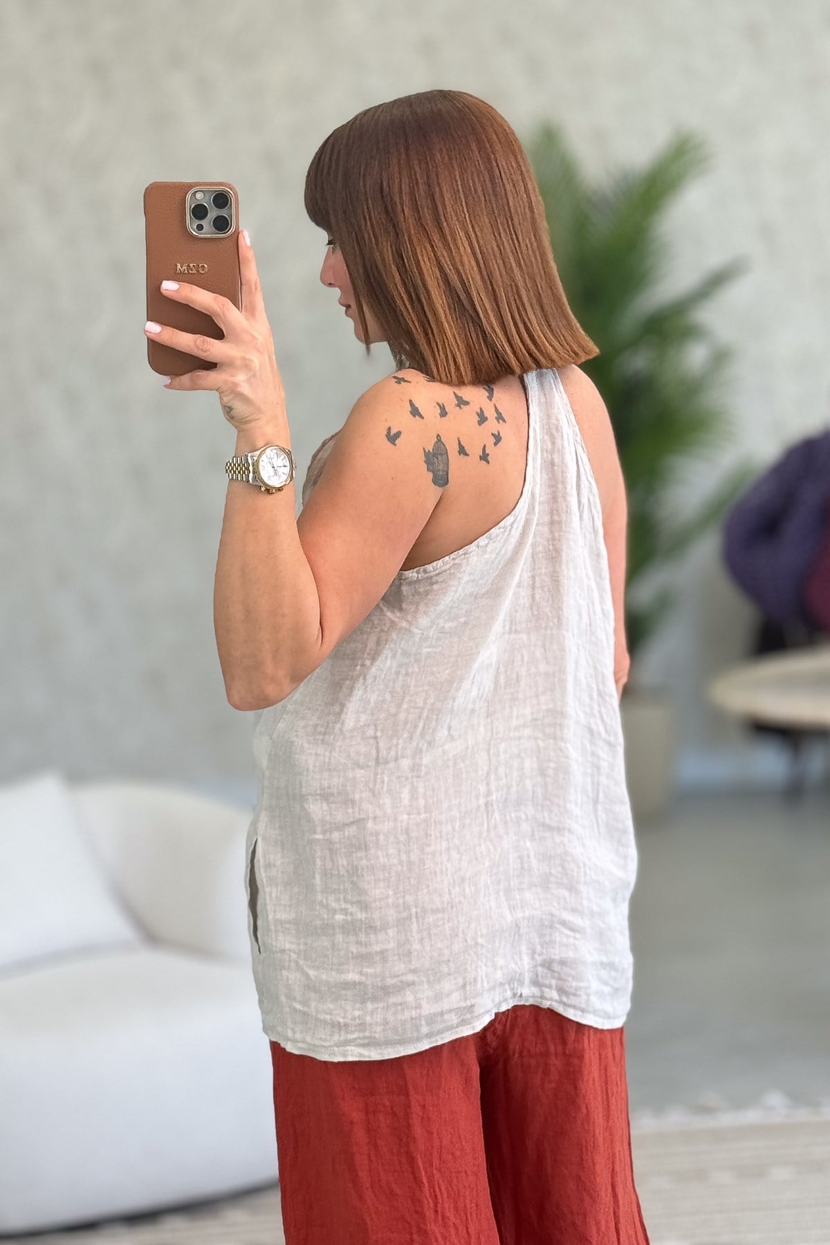 Düz Basic Yüzücü Keten Bluz Bej RenkBLUZ