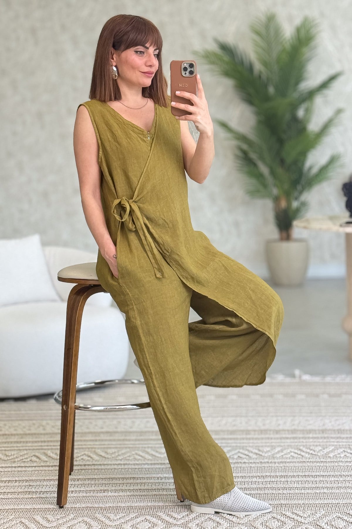 Fermuarlı Yandan Bağlamalı Kolsuz Keten Tulum Yağ Yeşili RenkELBİSE