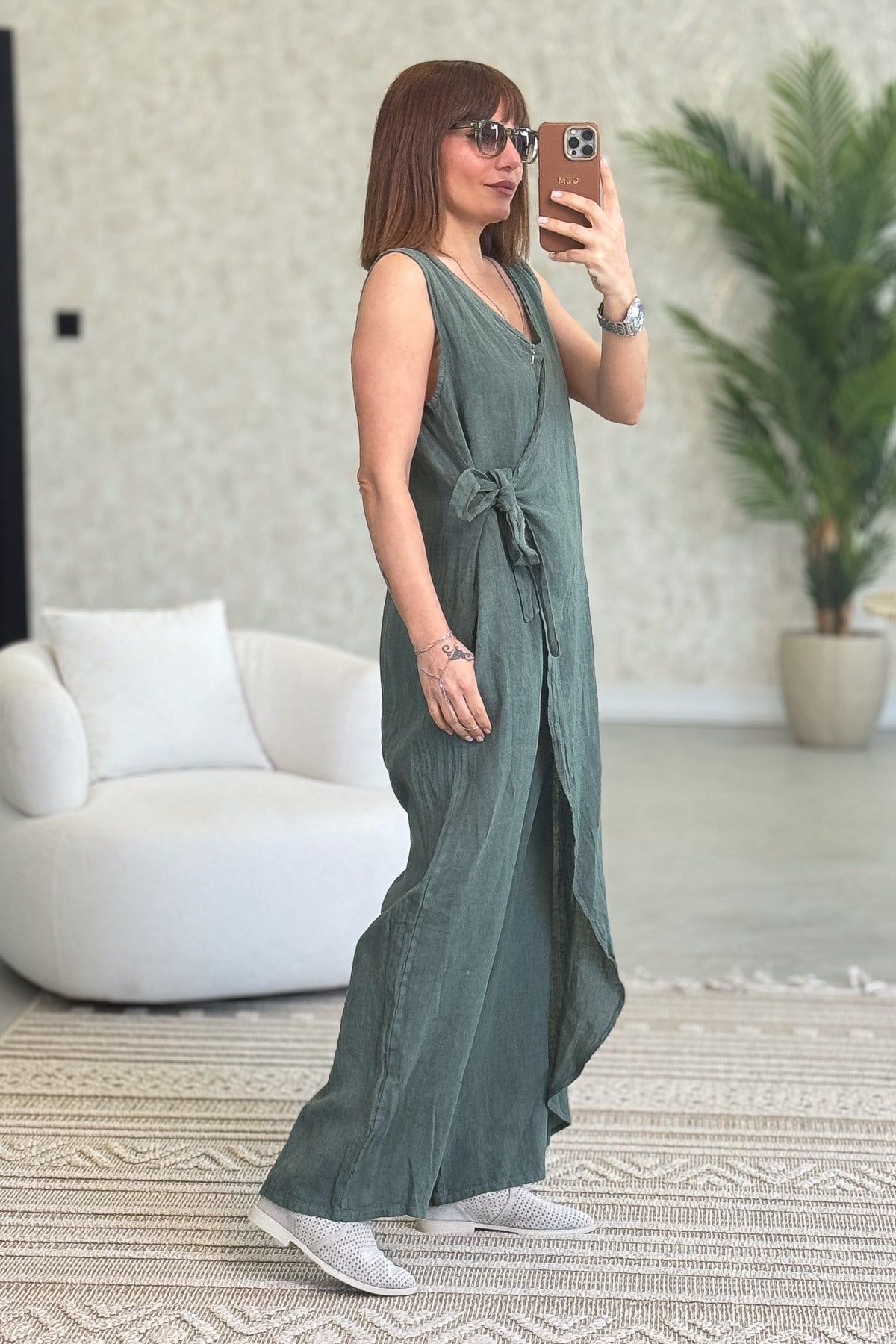 Fermuarlı Yandan Bağlamalı Kolsuz Keten Tulum Haki RenkELBİSE