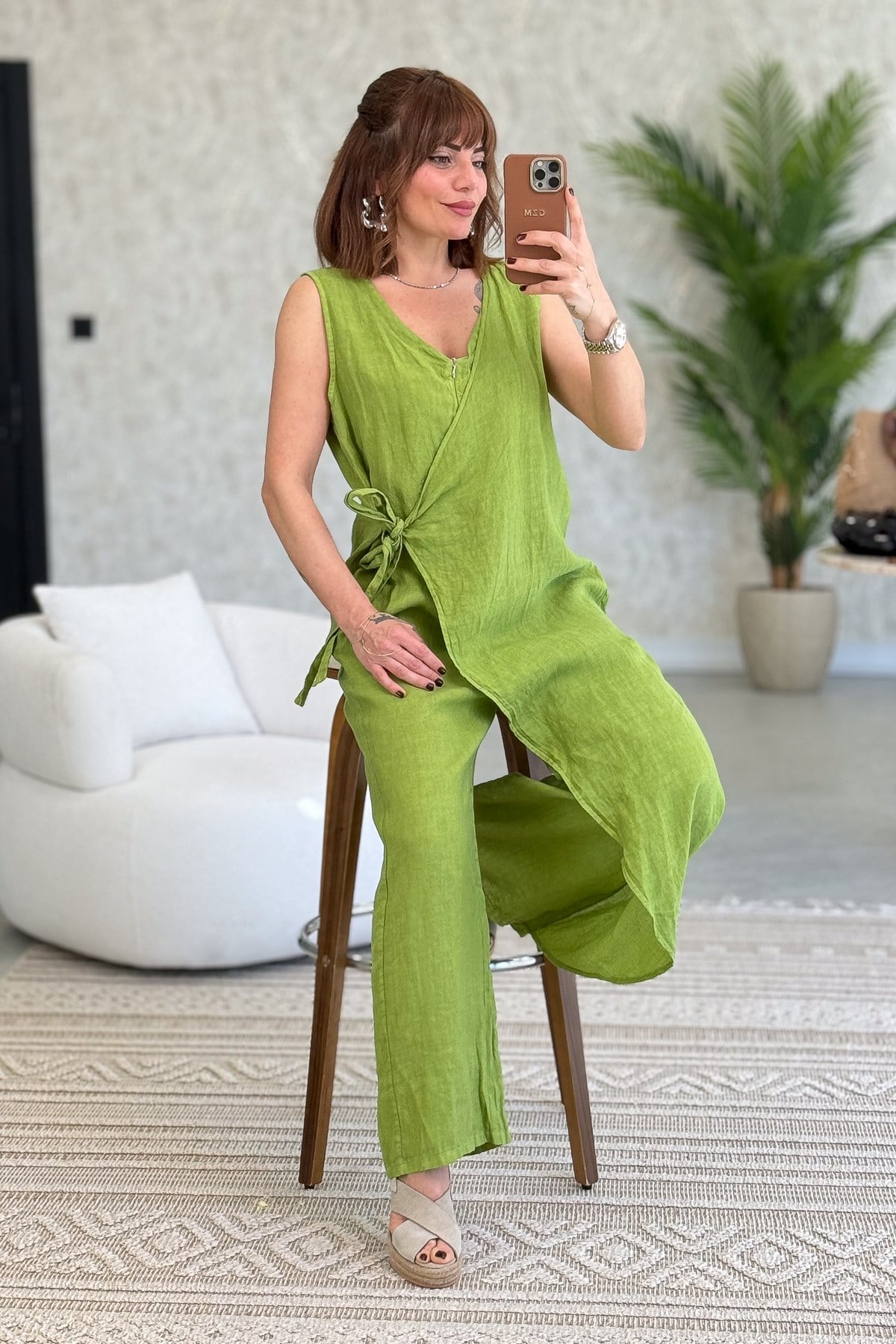 Fermuarlı Yandan Bağlamalı Kolsuz Keten Tulum Fıstık Yeşil RenkELBİSE