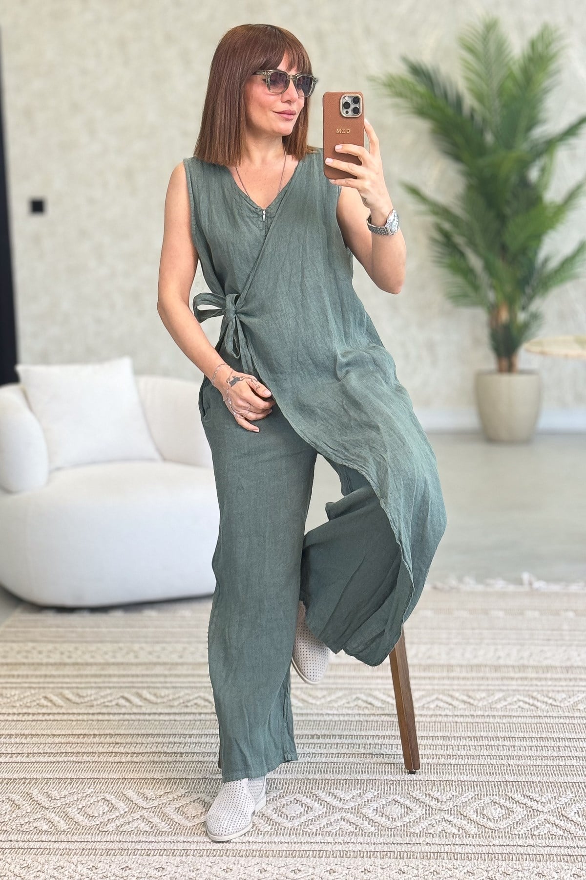 Fermuarlı Yandan Bağlamalı Kolsuz Keten Tulum Haki RenkELBİSE