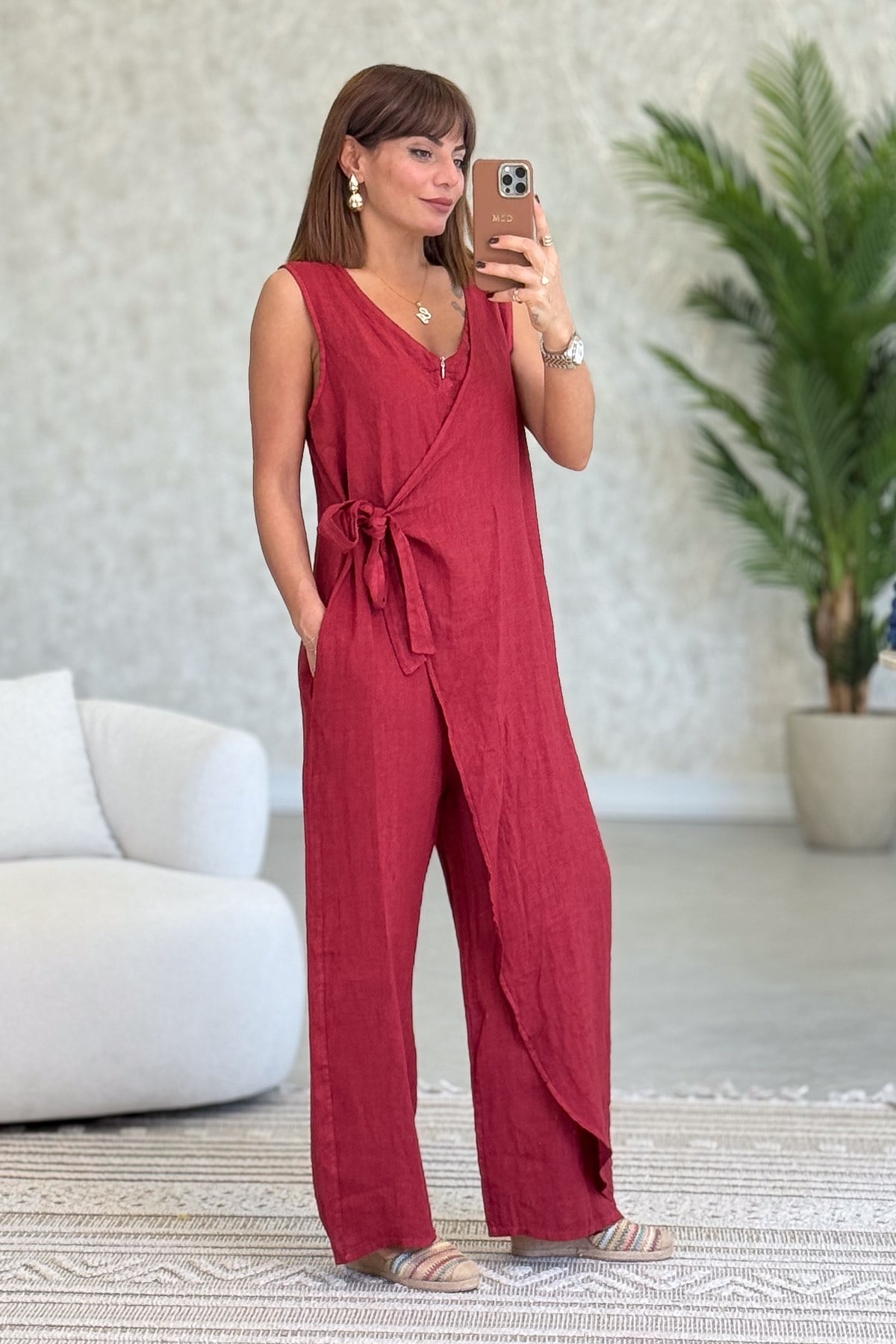 Fermuarlı Yandan Bağlamalı Kolsuz Keten Tulum Bordo RenkELBİSE