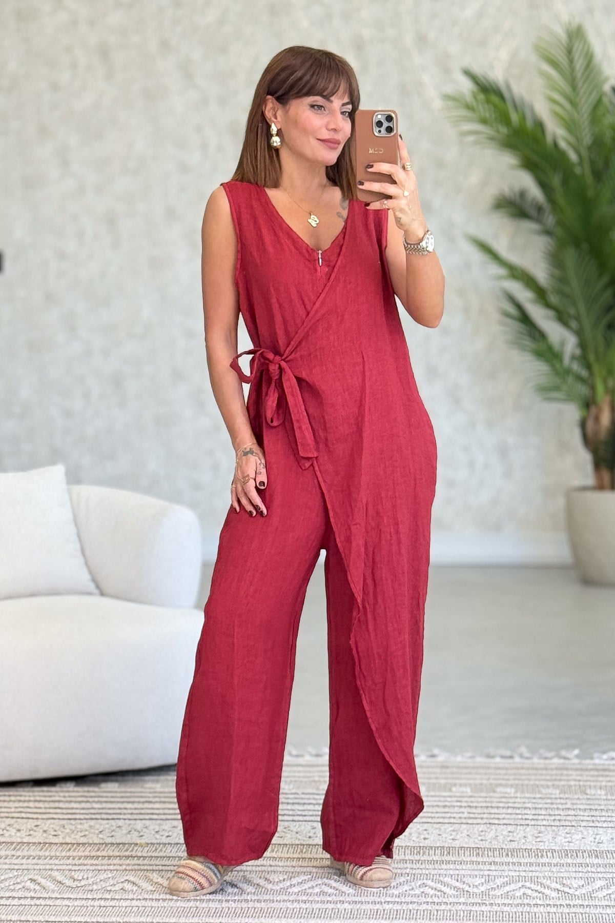 Fermuarlı Yandan Bağlamalı Kolsuz Keten Tulum Bordo RenkELBİSE