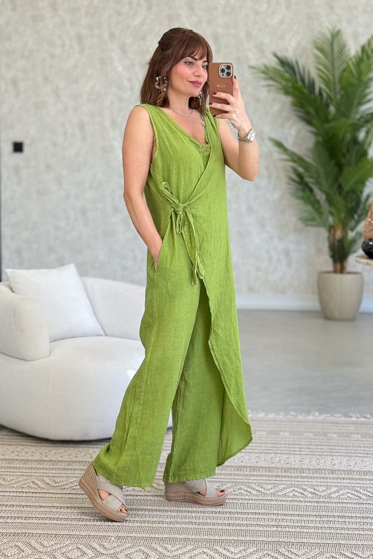 Fermuarlı Yandan Bağlamalı Kolsuz Keten Tulum Fıstık Yeşil RenkELBİSE