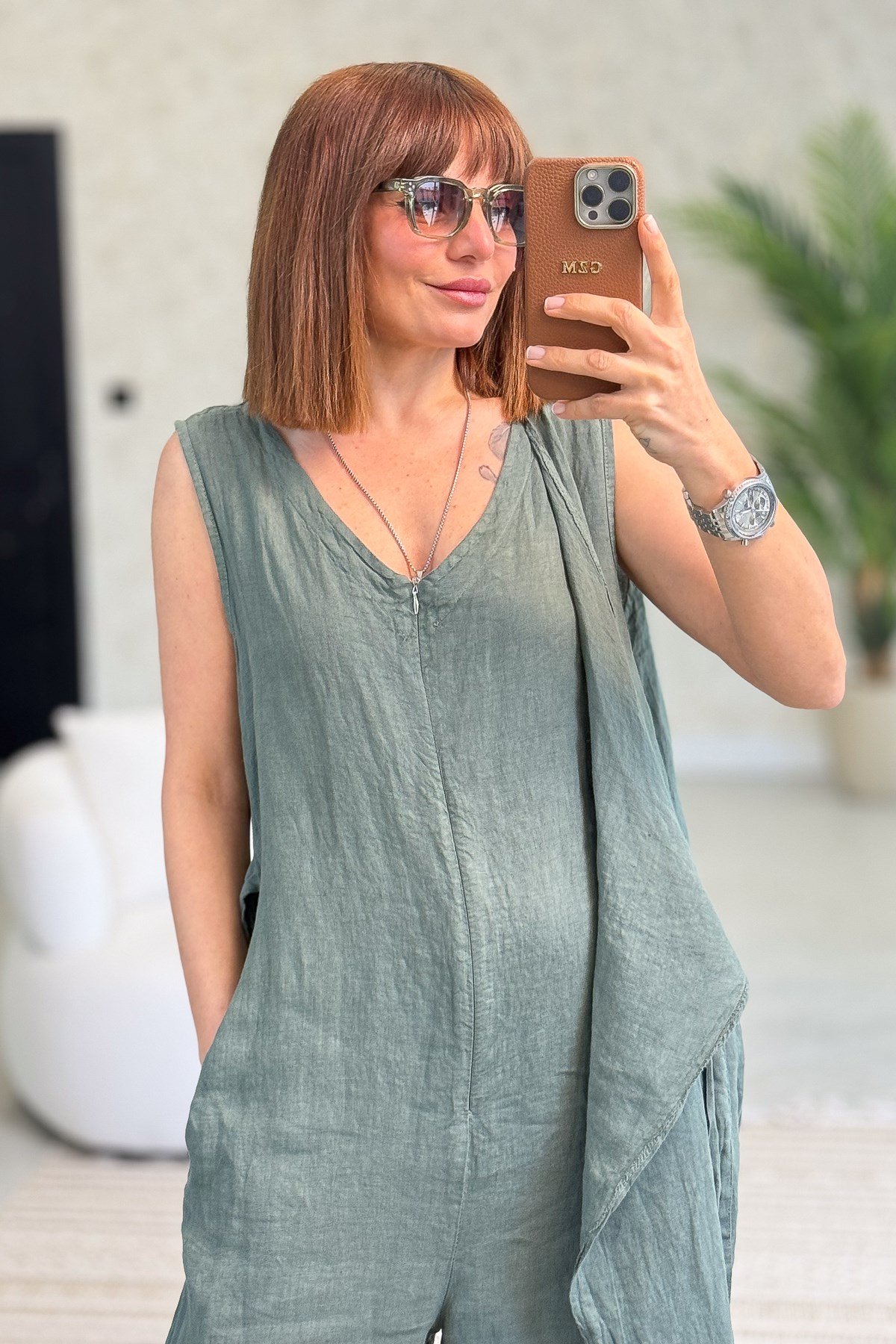 Fermuarlı Yandan Bağlamalı Kolsuz Keten Tulum Haki RenkELBİSE