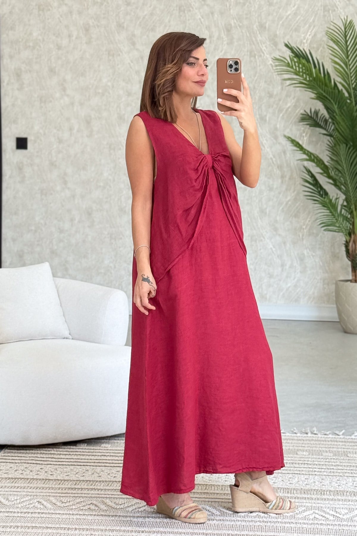 Fiyonk Detaylı Keten Elbise Bordo RenkELBİSE