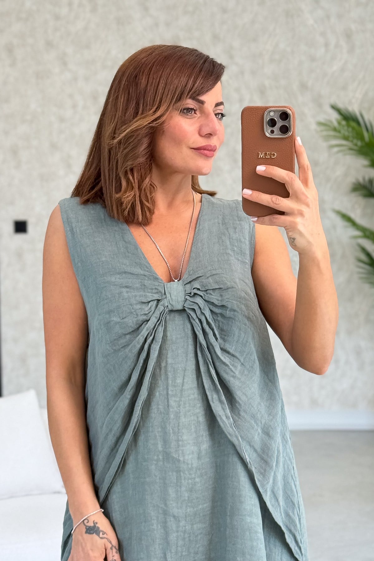 Fiyonk Detaylı Keten Elbise Haki RenkELBİSE
