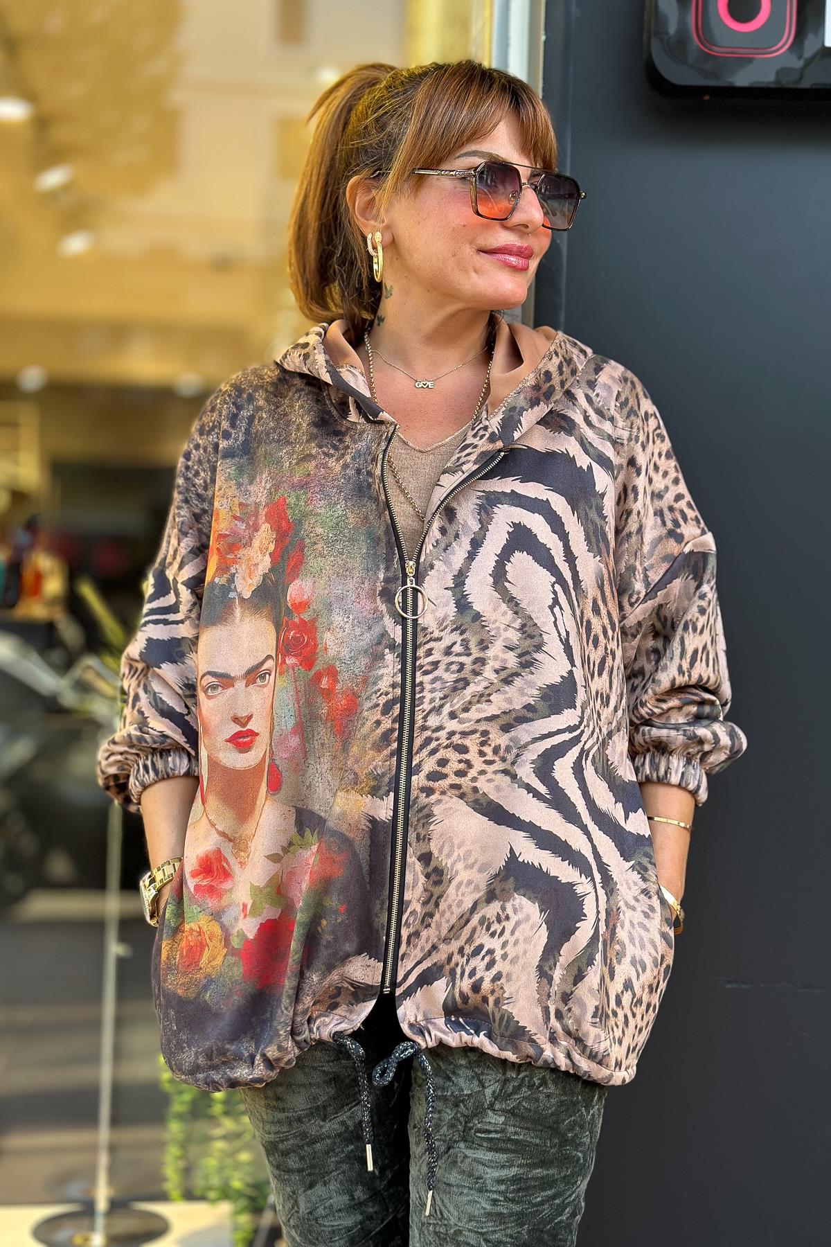 Frida Desenli Kapüşonlu Güderi Ceket Camel RenkCEKET