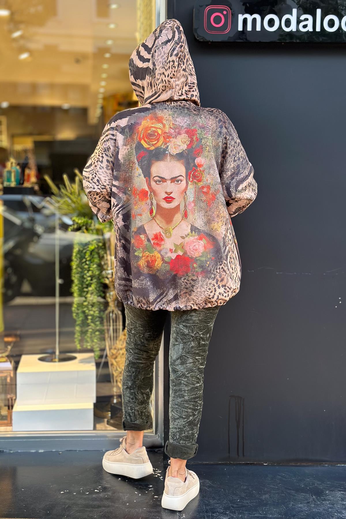 Frida Desenli Kapüşonlu Güderi Ceket Camel RenkCEKET