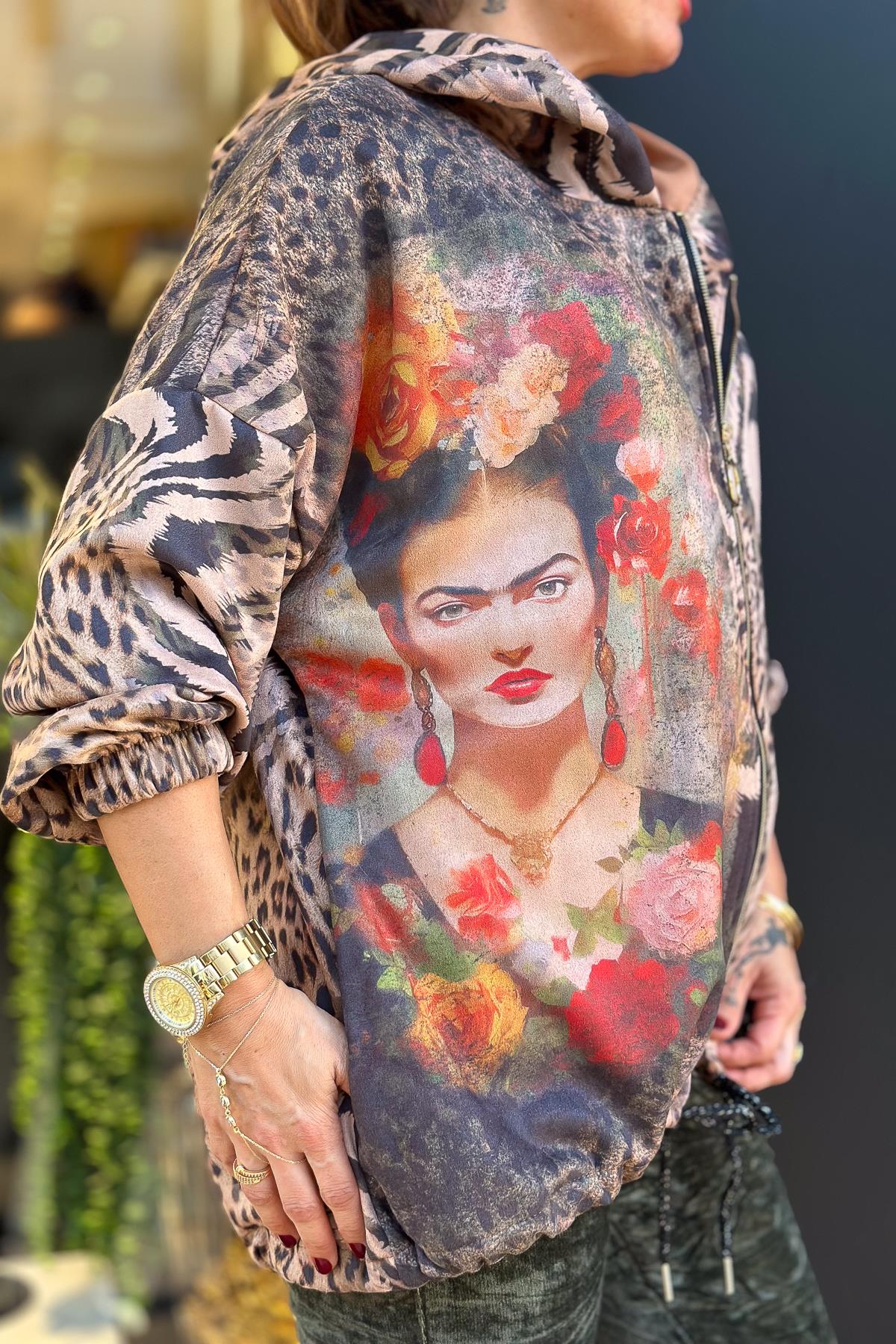 Frida Desenli Kapüşonlu Güderi Ceket Camel RenkCEKET