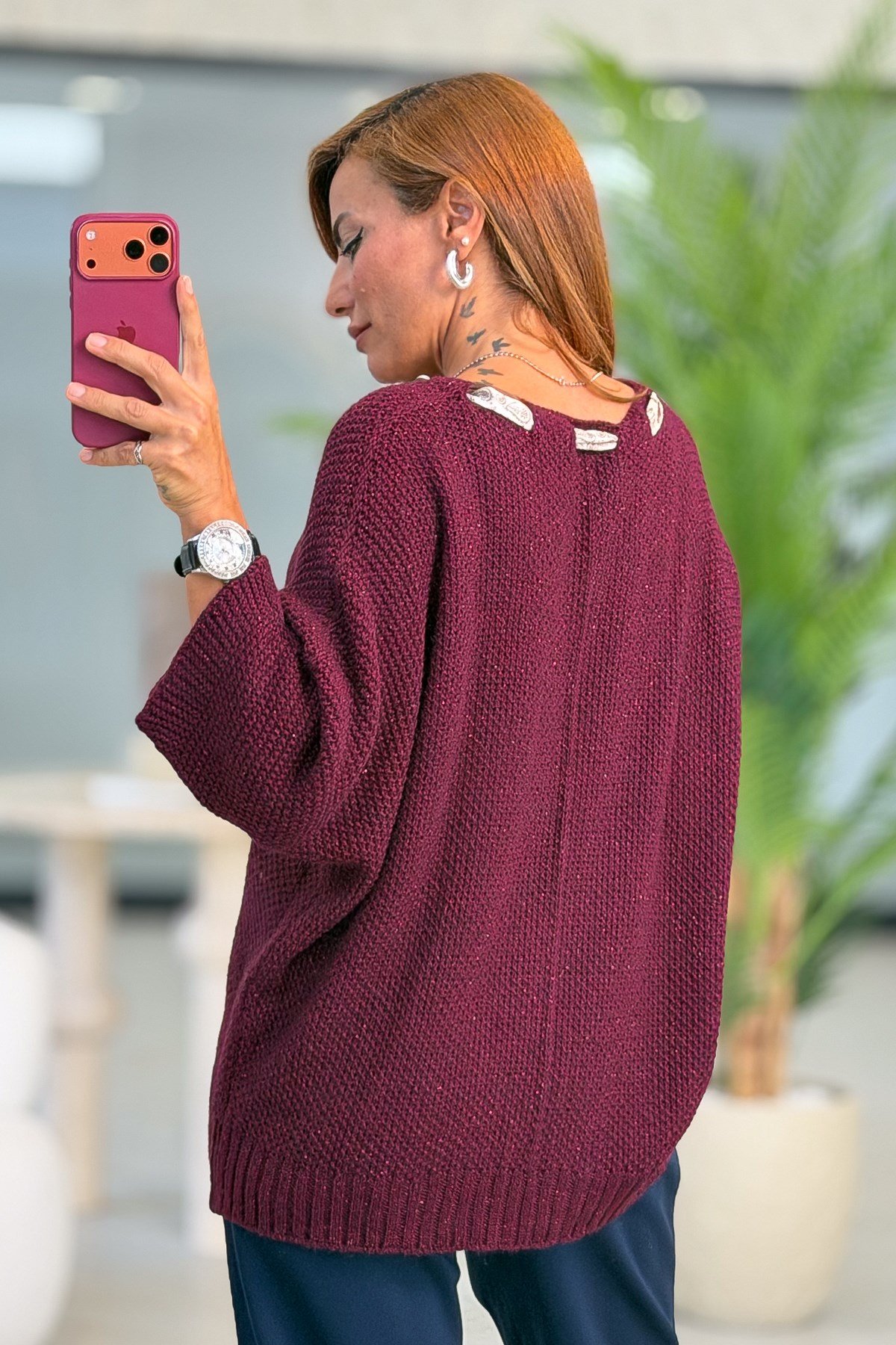 Fular Detaylı V Yaka Triko Bordo RenkBLUZ