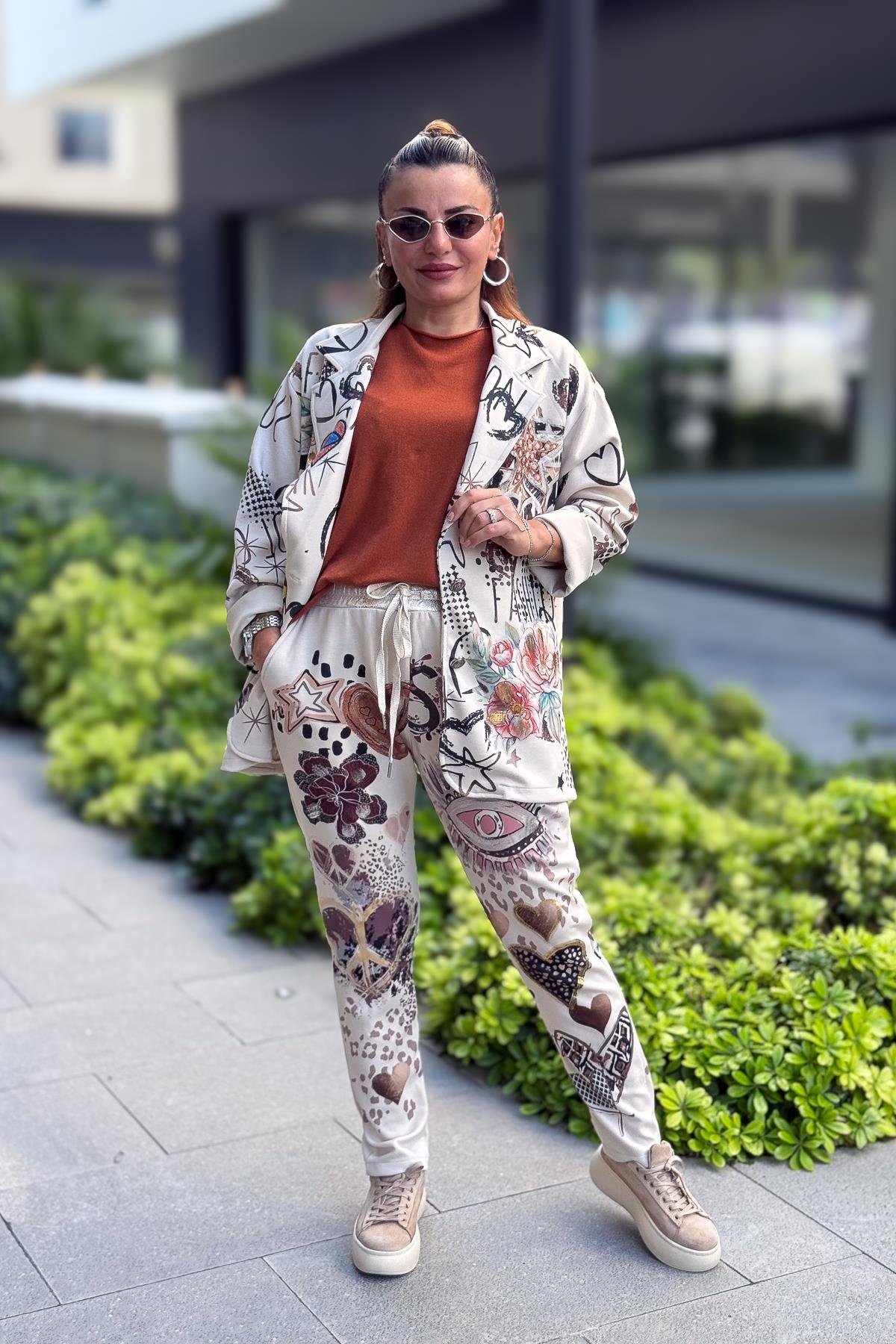Gold Desen Baskılı Modal Blazer Ceket Krem RenkCEKET