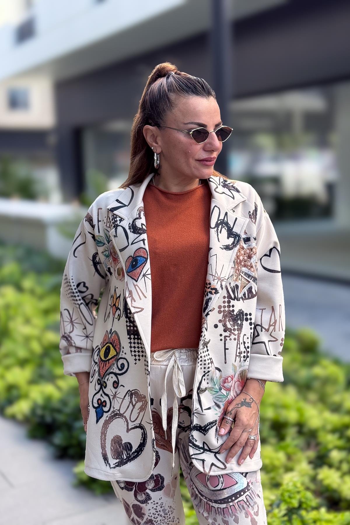 Gold Desen Baskılı Modal Blazer Ceket Krem RenkCEKET