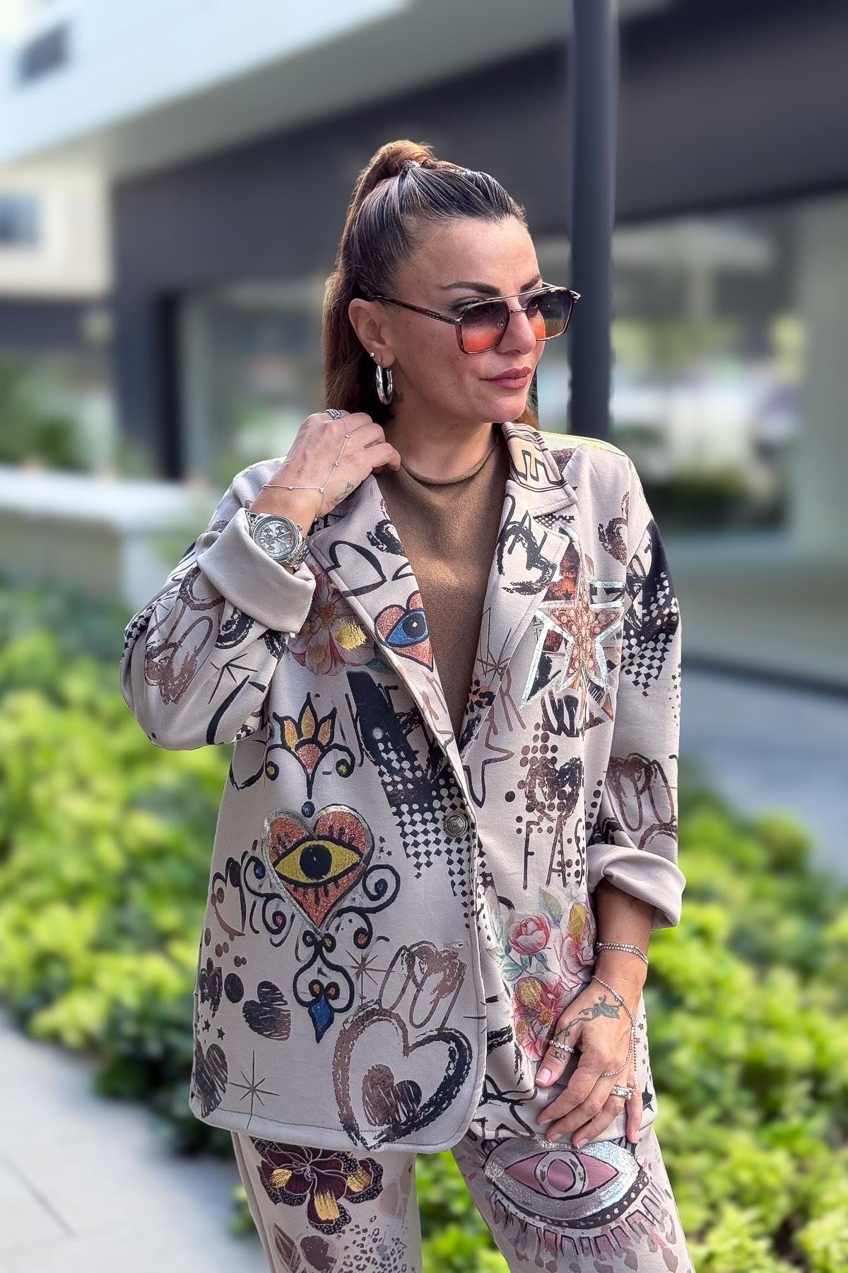 Gold Desen Baskılı Modal Blazer Ceket Vizon RenkCEKET