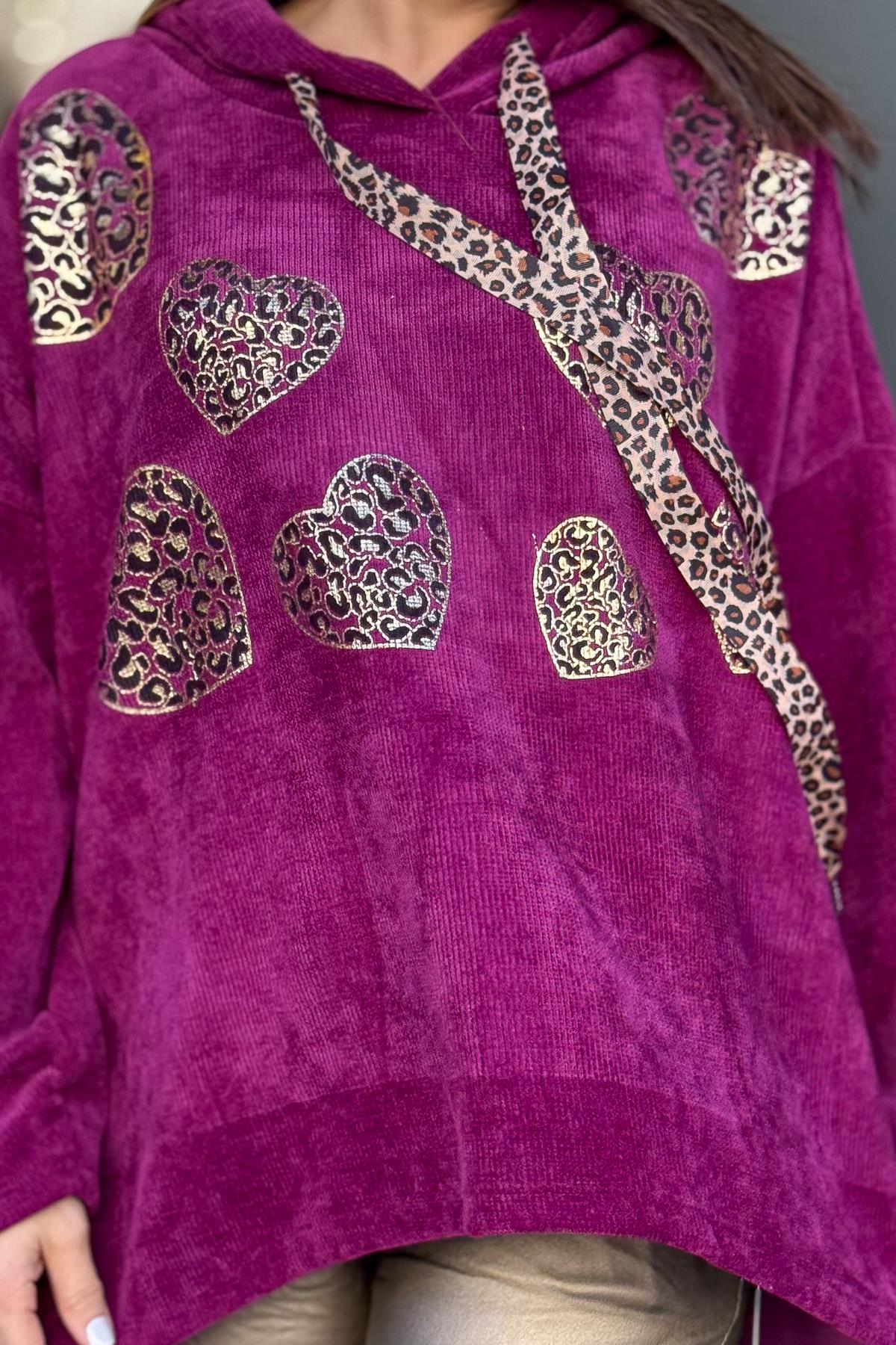 Gold Leopar Ve Kalp Baskılı Kapüşonlu Kadife Sweat Siklemen RenkBLUZ