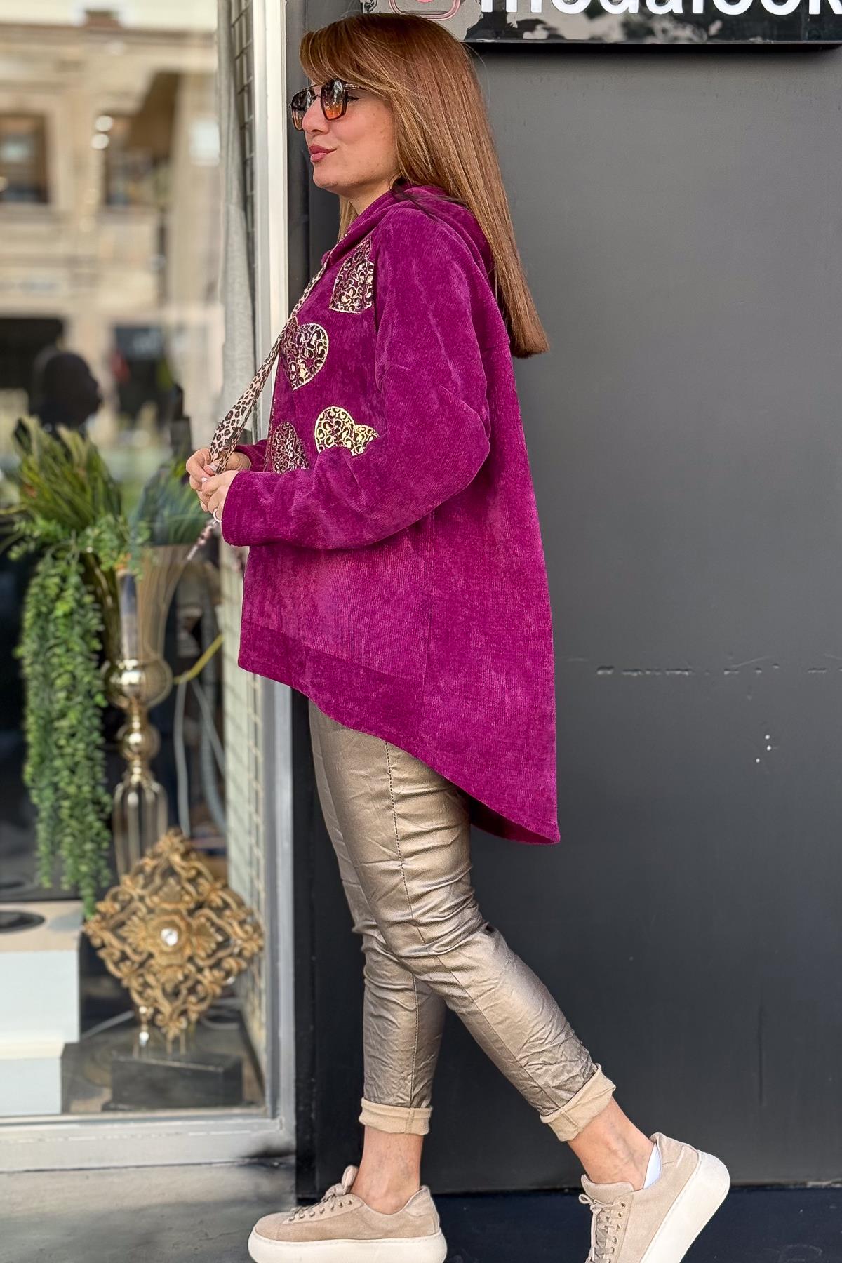 Gold Leopar Ve Kalp Baskılı Kapüşonlu Kadife Sweat Siklemen RenkBLUZ