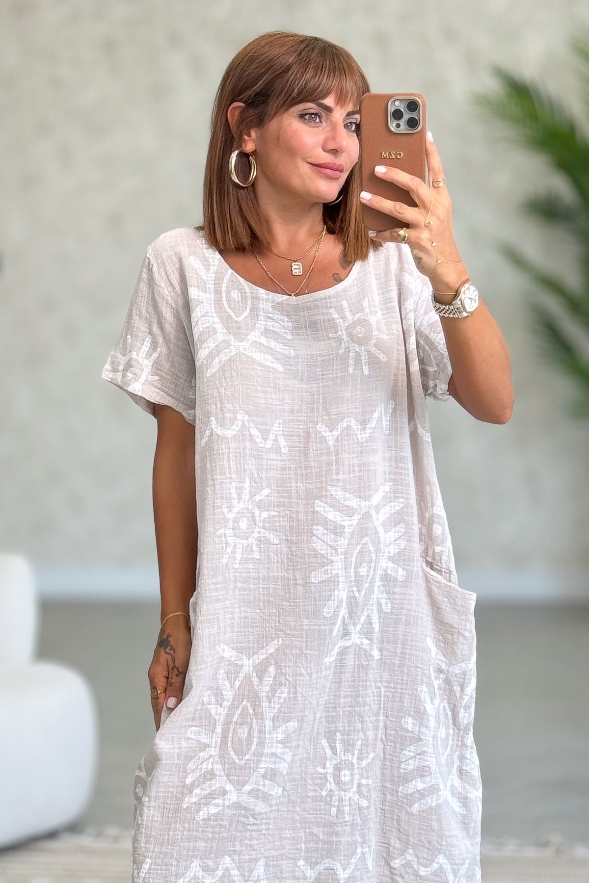 Göz Desen Çift Cepli Pamuklu Elbise Bej RenkELBİSE