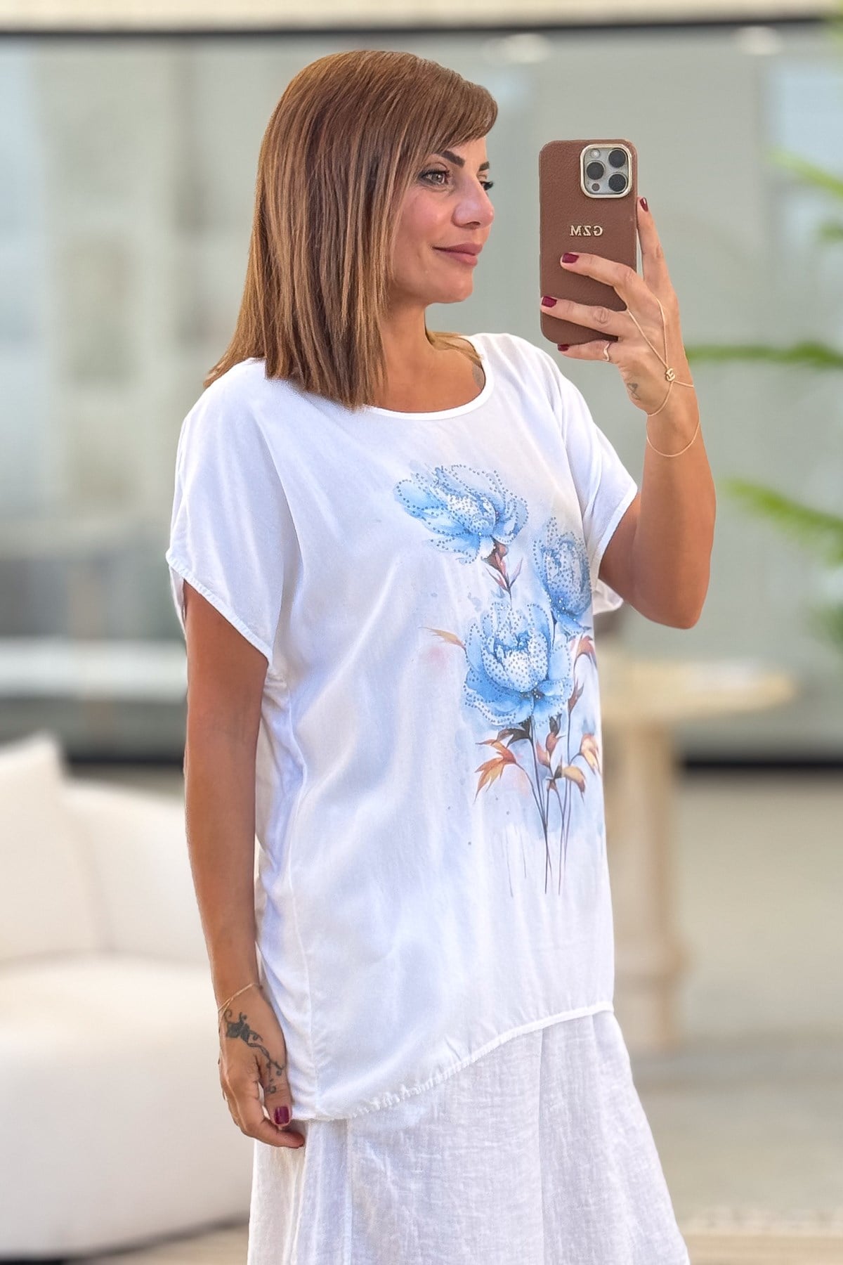 Gül Desenli Viskon Tshirt Mavi RenkBLUZ