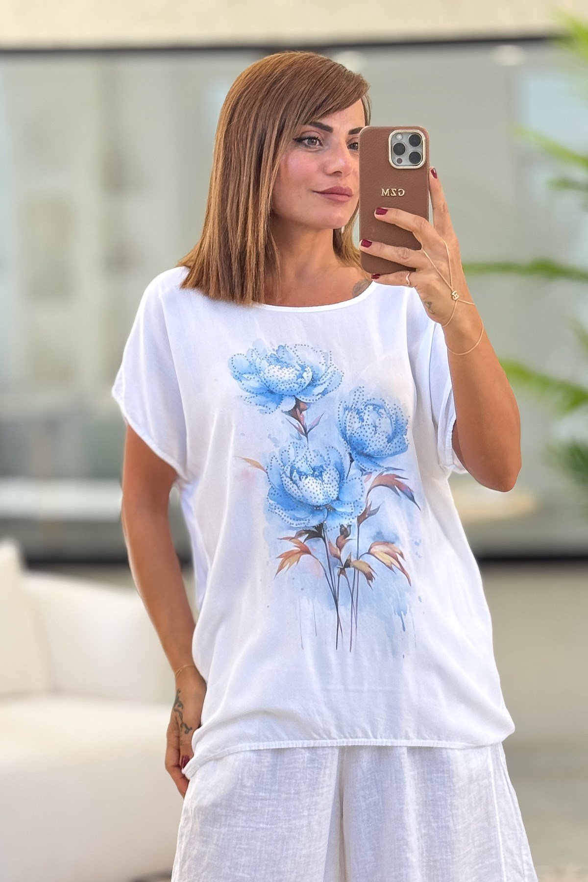 Gül Desenli Viskon Tshirt Mavi RenkBLUZ