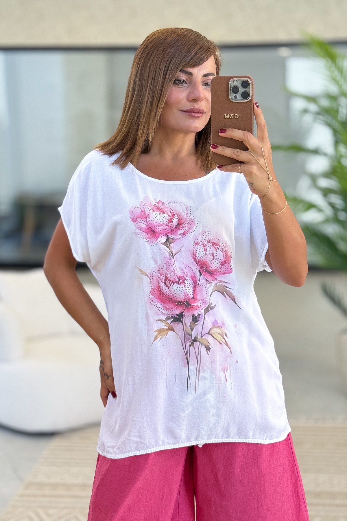 Gül Desenli Viskon Tshirt Pembe RenkBLUZ
