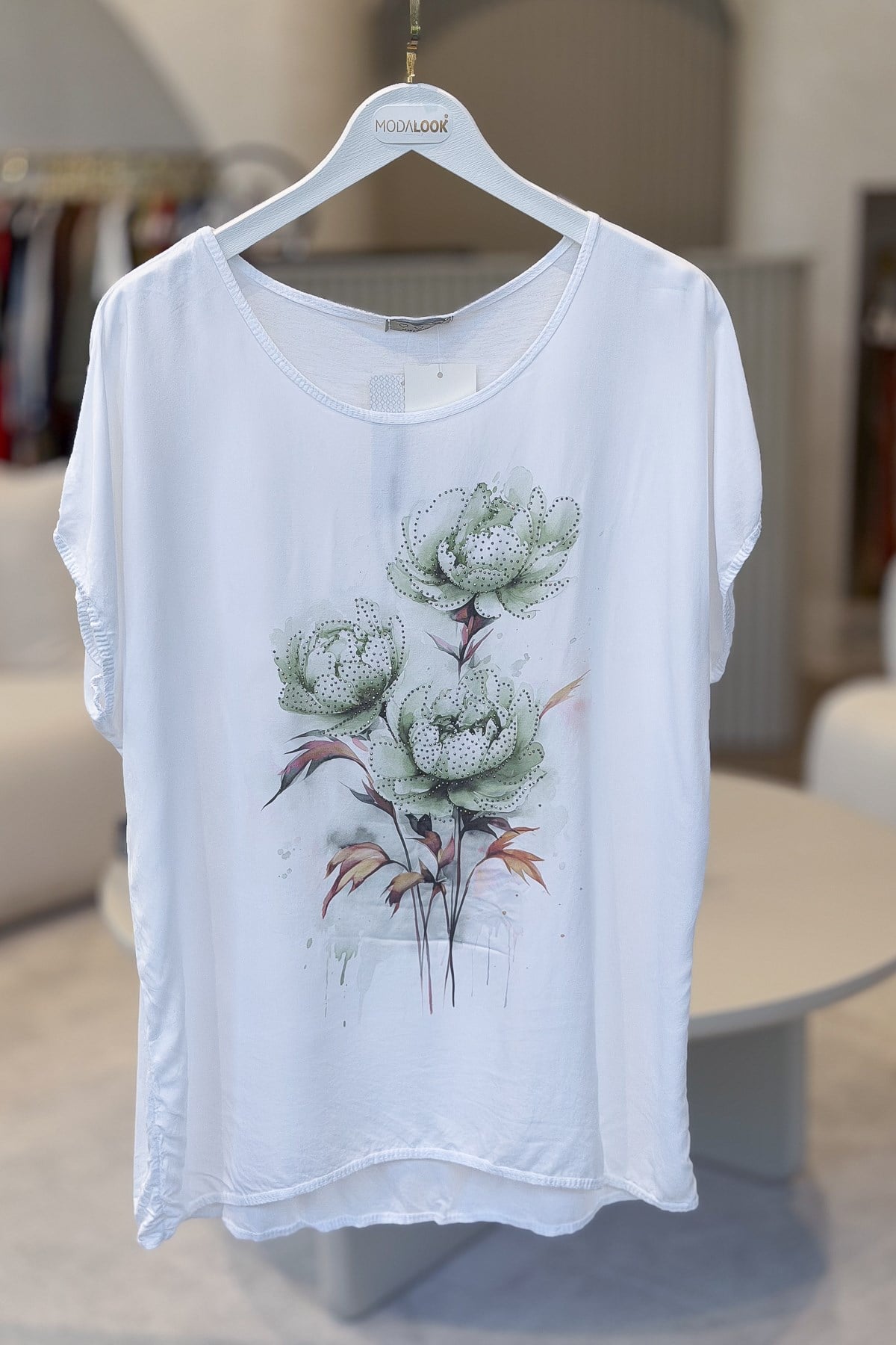 Gül Desenli Viskon Tshirt Yeşil RenkBLUZ