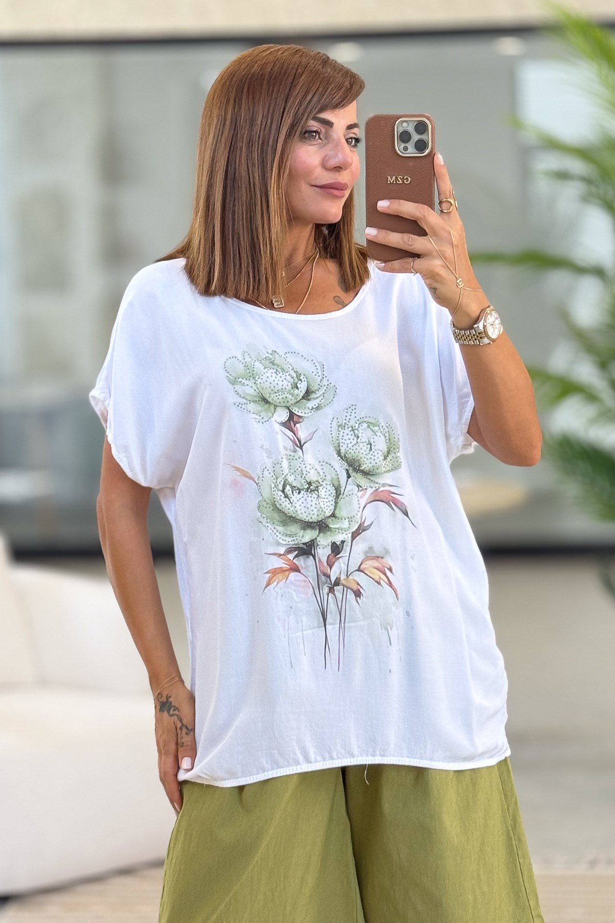 Gül Desenli Viskon Tshirt Yeşil RenkBLUZ
