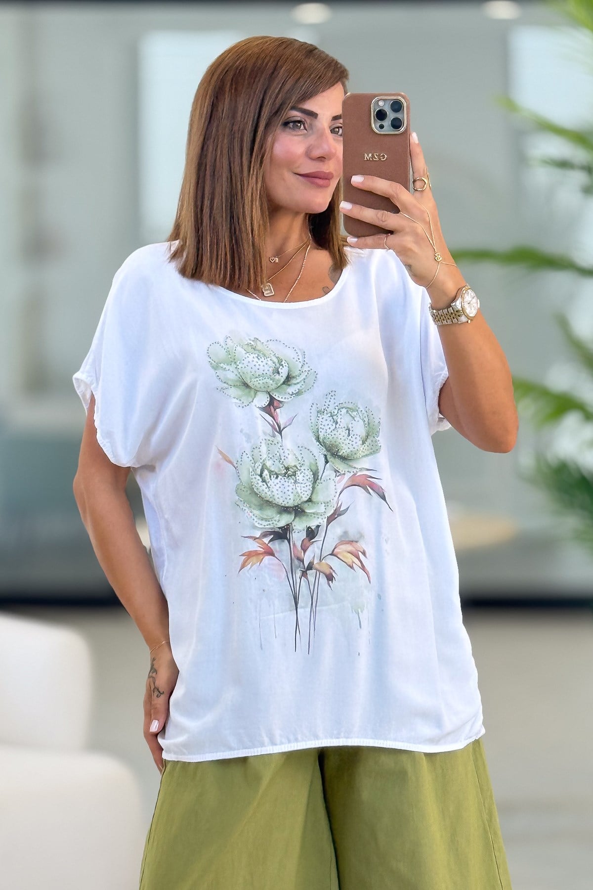 Gül Desenli Viskon Tshirt Yeşil RenkBLUZ