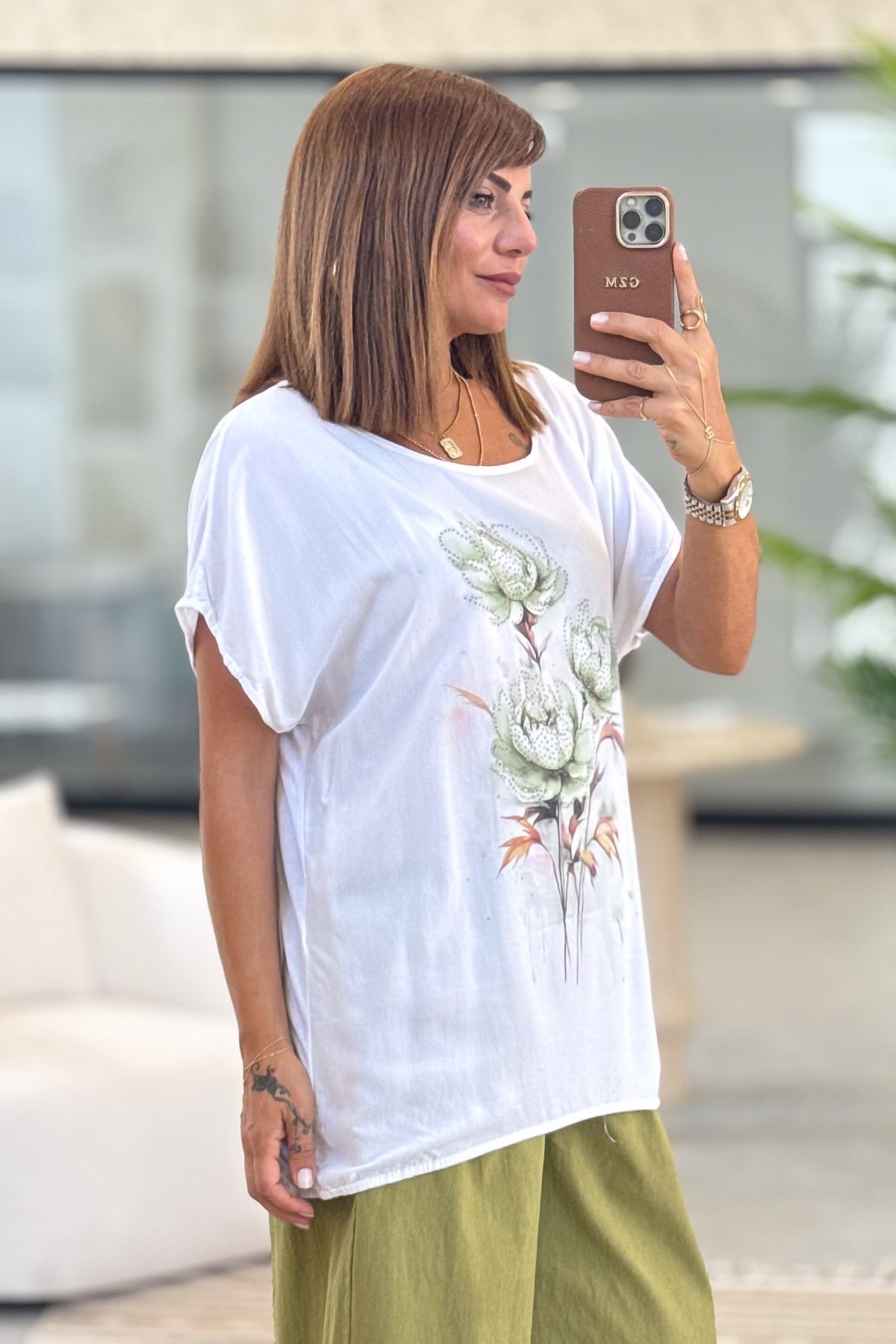 Gül Desenli Viskon Tshirt Yeşil RenkBLUZ