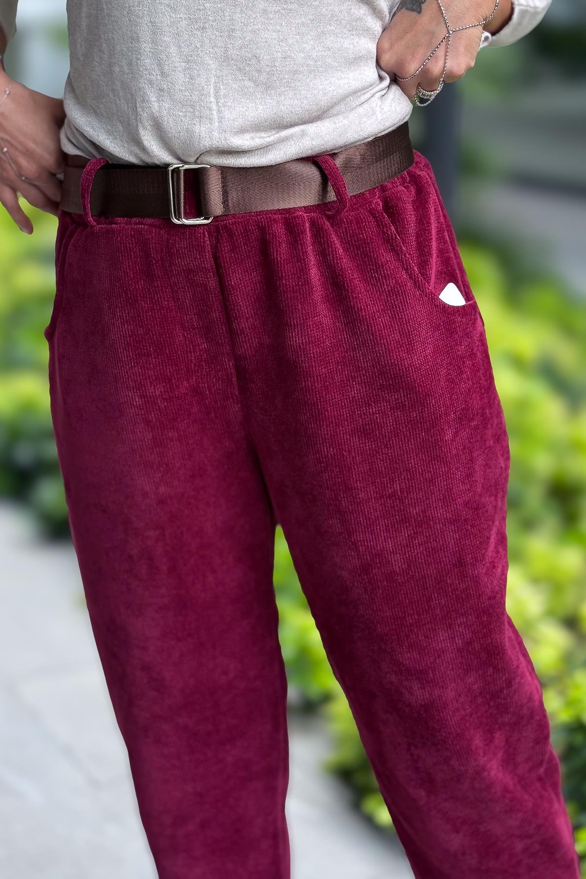 Havuç Paça Fitilli Kemerli Kadife Pantolon Bordo RenkPANTOLON