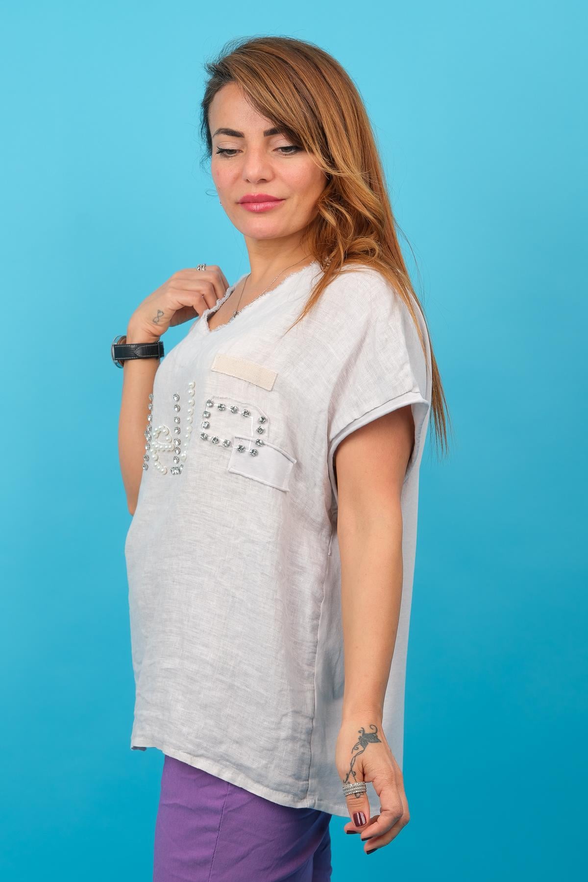 Hello Taş Ve İnci Zımbalı Pamuklu Keten Bluz Gri RenkBLUZ