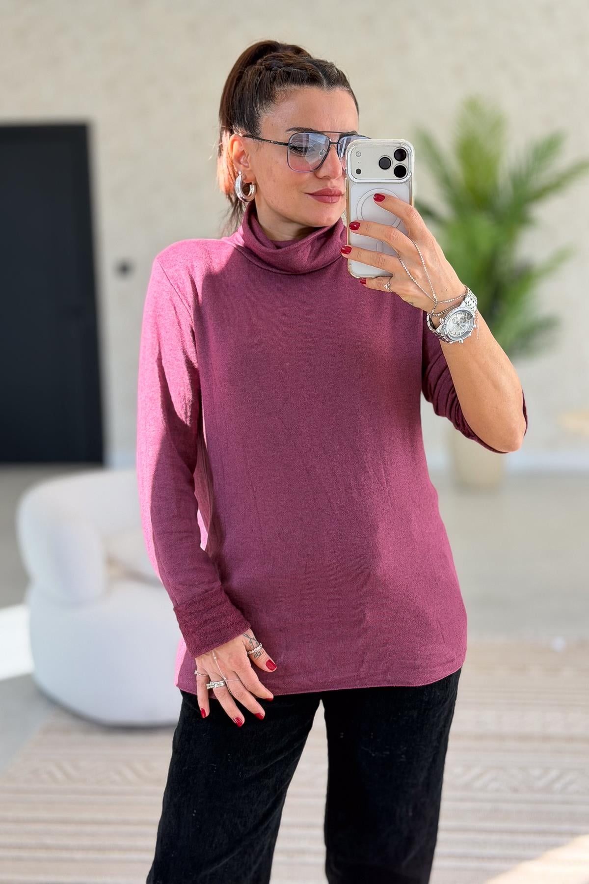 İçi Jardonlu Düz Basic Balıkçı Yaka Triko Vişne RenkBLUZ