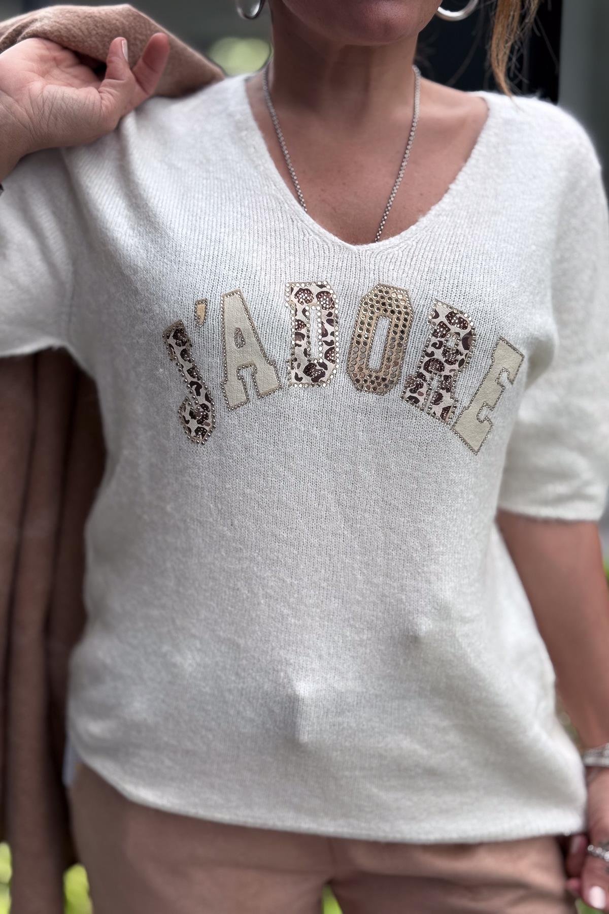 Jadore Taş Baskılı Alpaca Yarımkol Kazak Krem RenkBLUZ