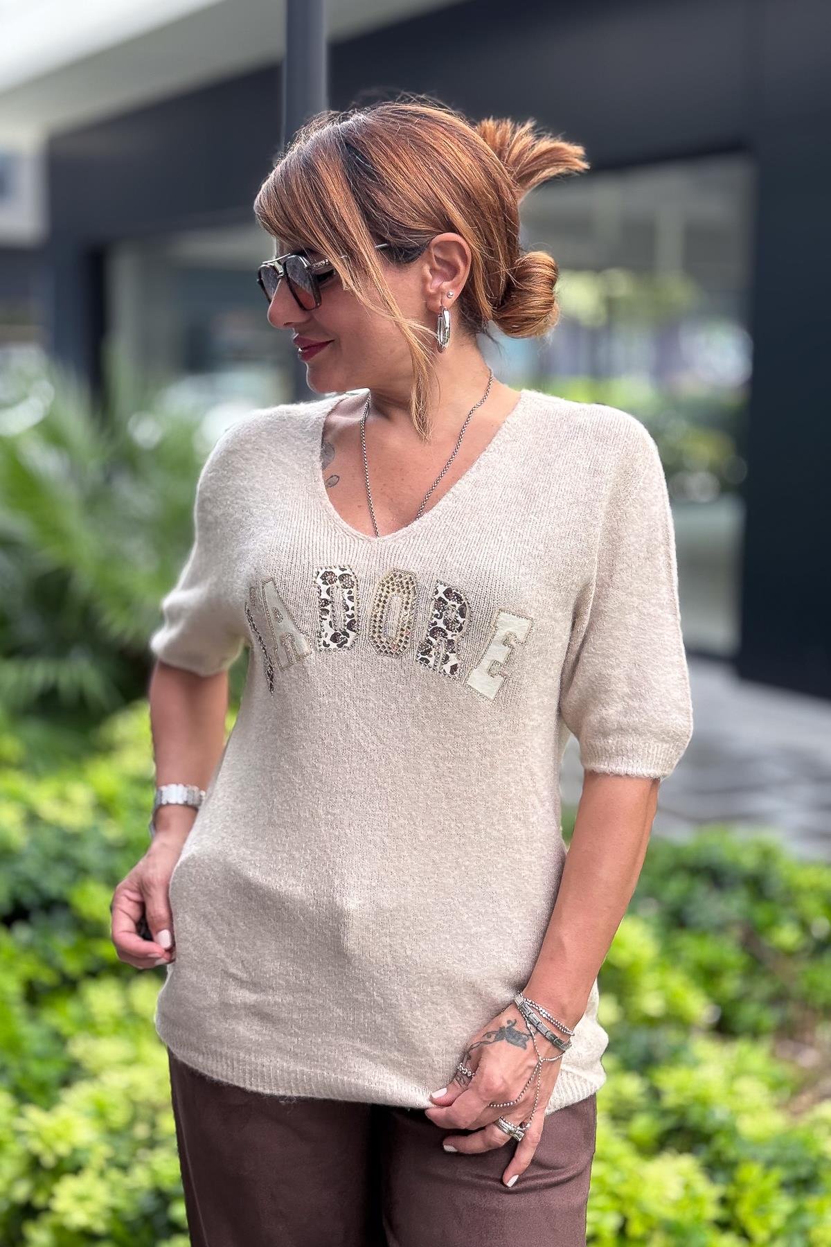 Jadore Taş Baskılı Alpaca Yarımkol Kazak Bej RenkBLUZ
