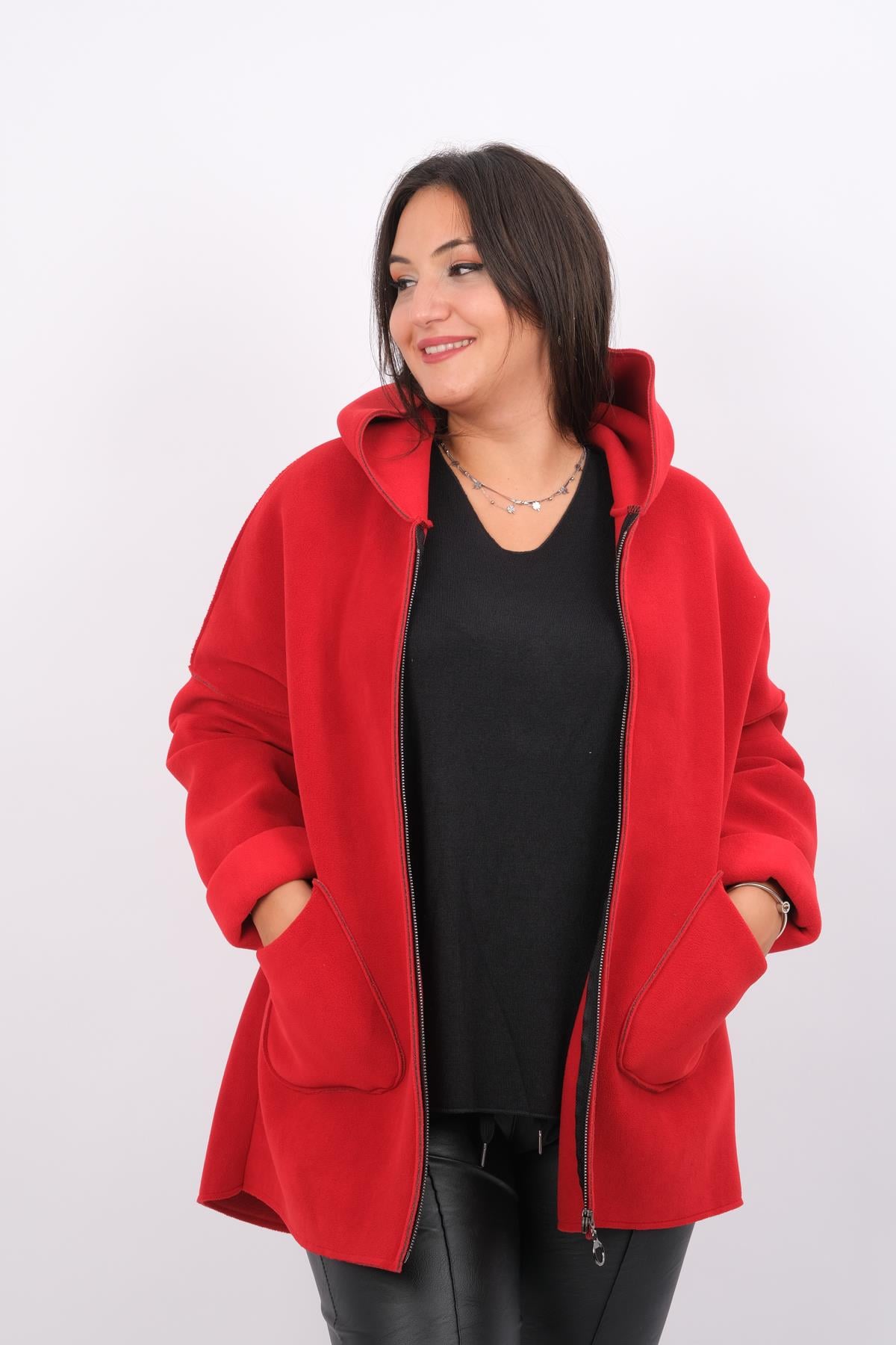 Kapüşonlu Polar Kaban Kırmızı RenkMONT & KABAN