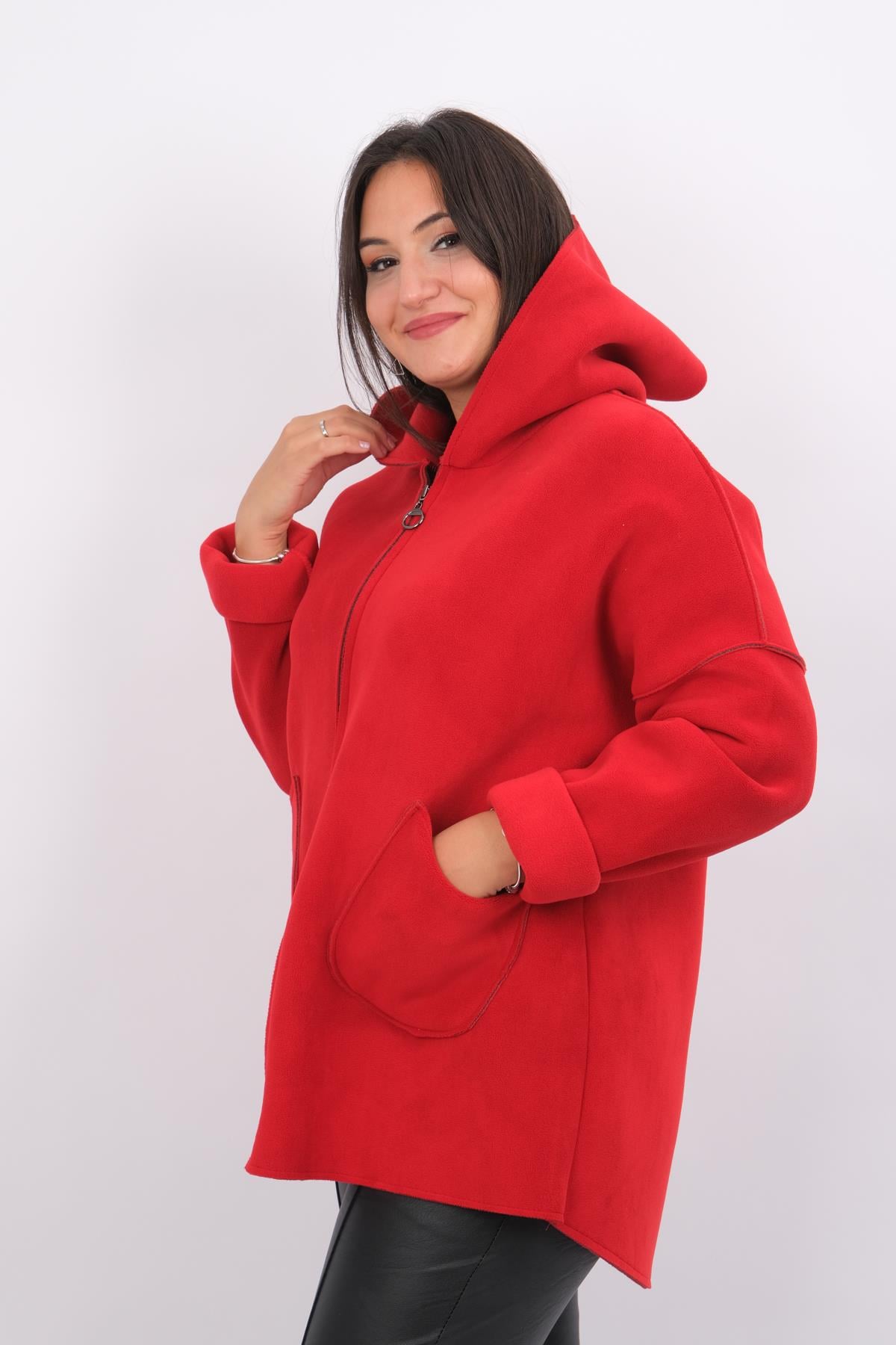 Kapüşonlu Polar Kaban Kırmızı RenkMONT & KABAN