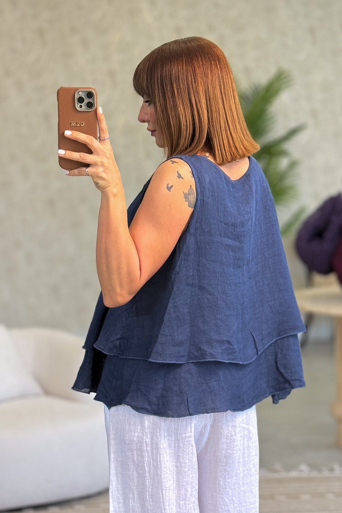 Kat Kat Kalın Askılı Keten Bluz Lacivert RenkBLUZ