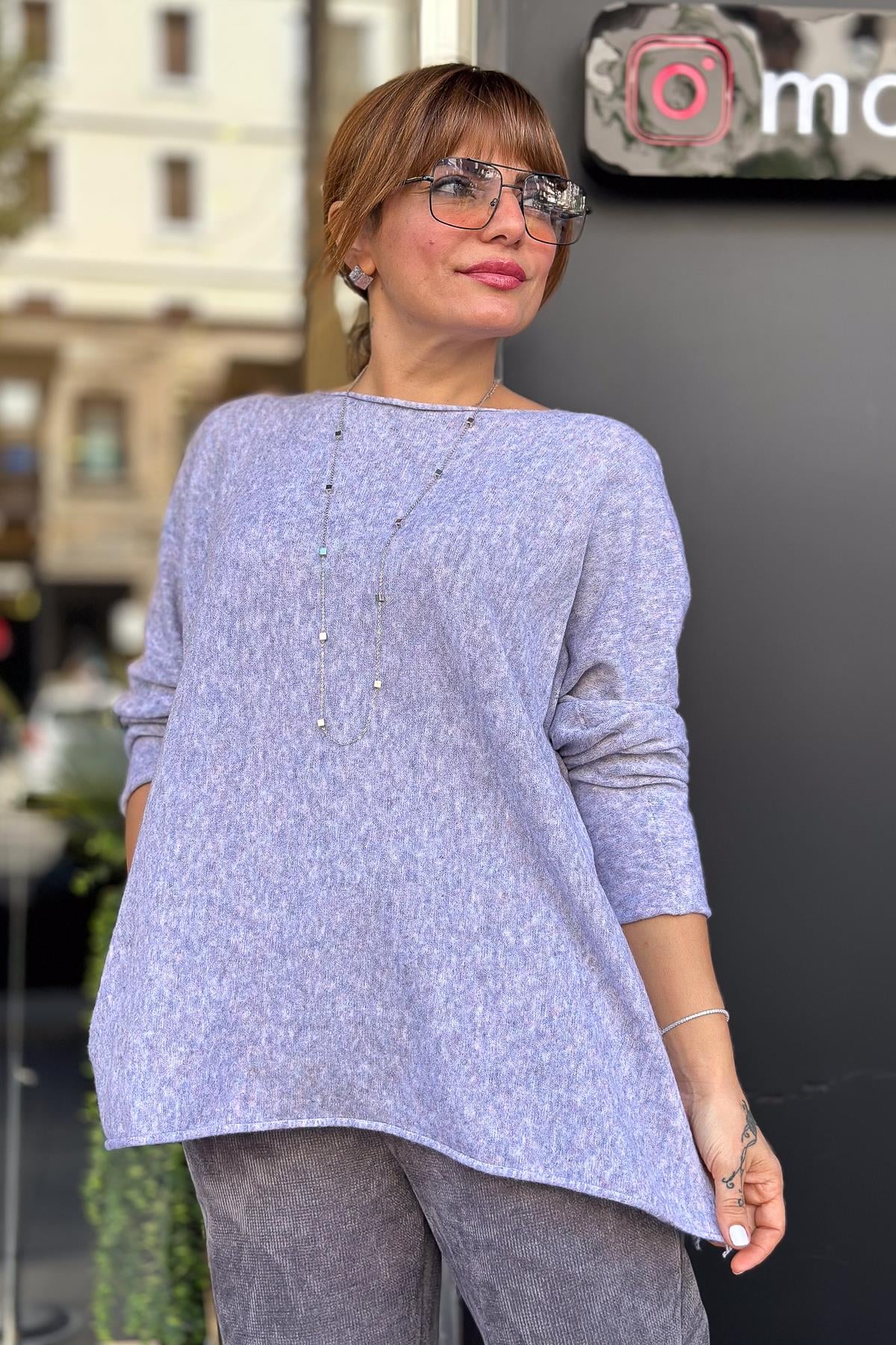 Kayık Yaka Kuzu Yünü Triko Kırçıllı RenkBLUZ