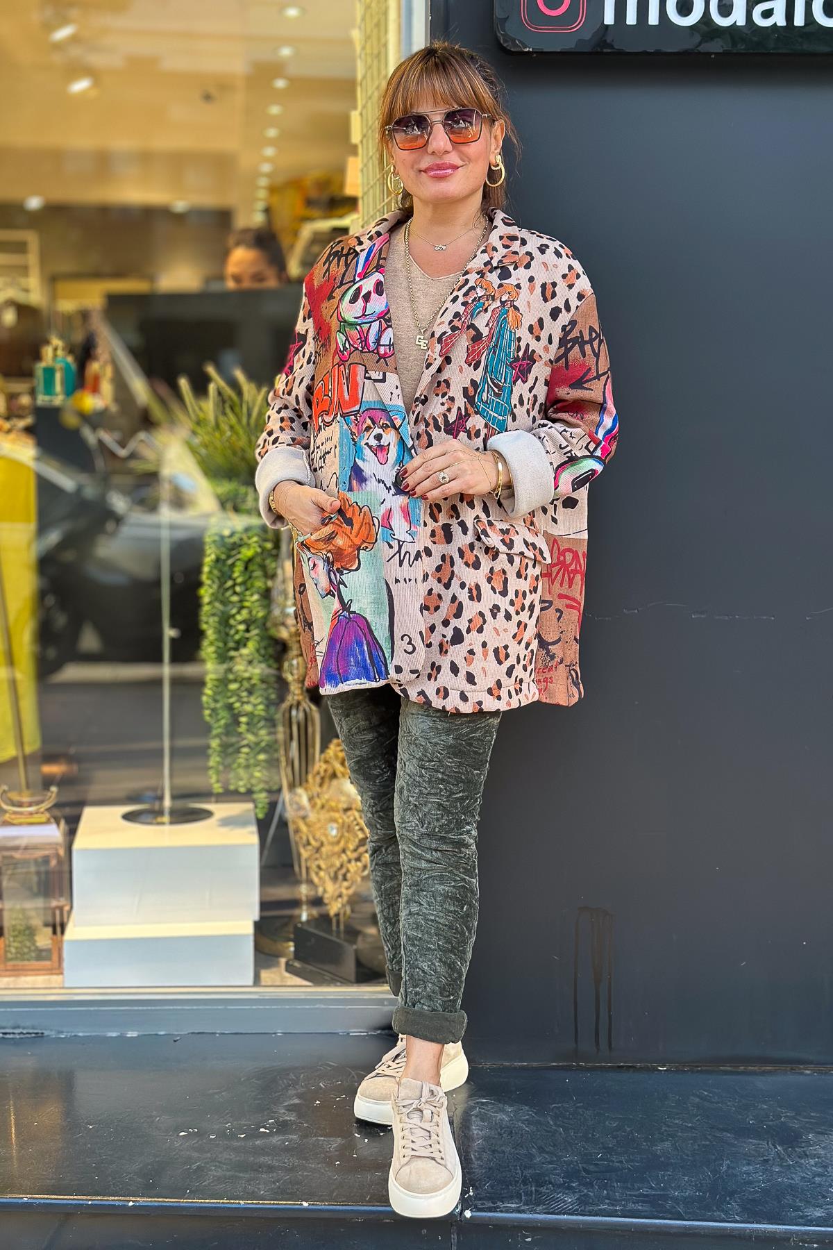 Kedi Ve Kız Desenli Kadife Blazer Ceket Camel RenkCEKET