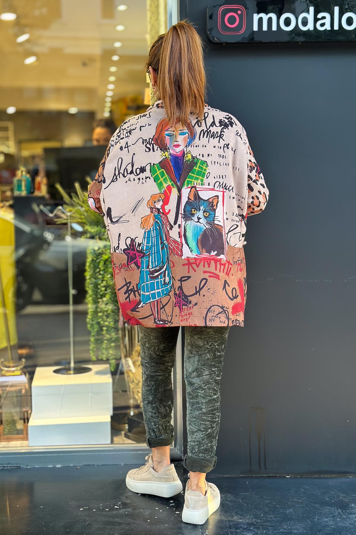 Kedi Ve Kız Desenli Kadife Blazer Ceket Camel RenkCEKET