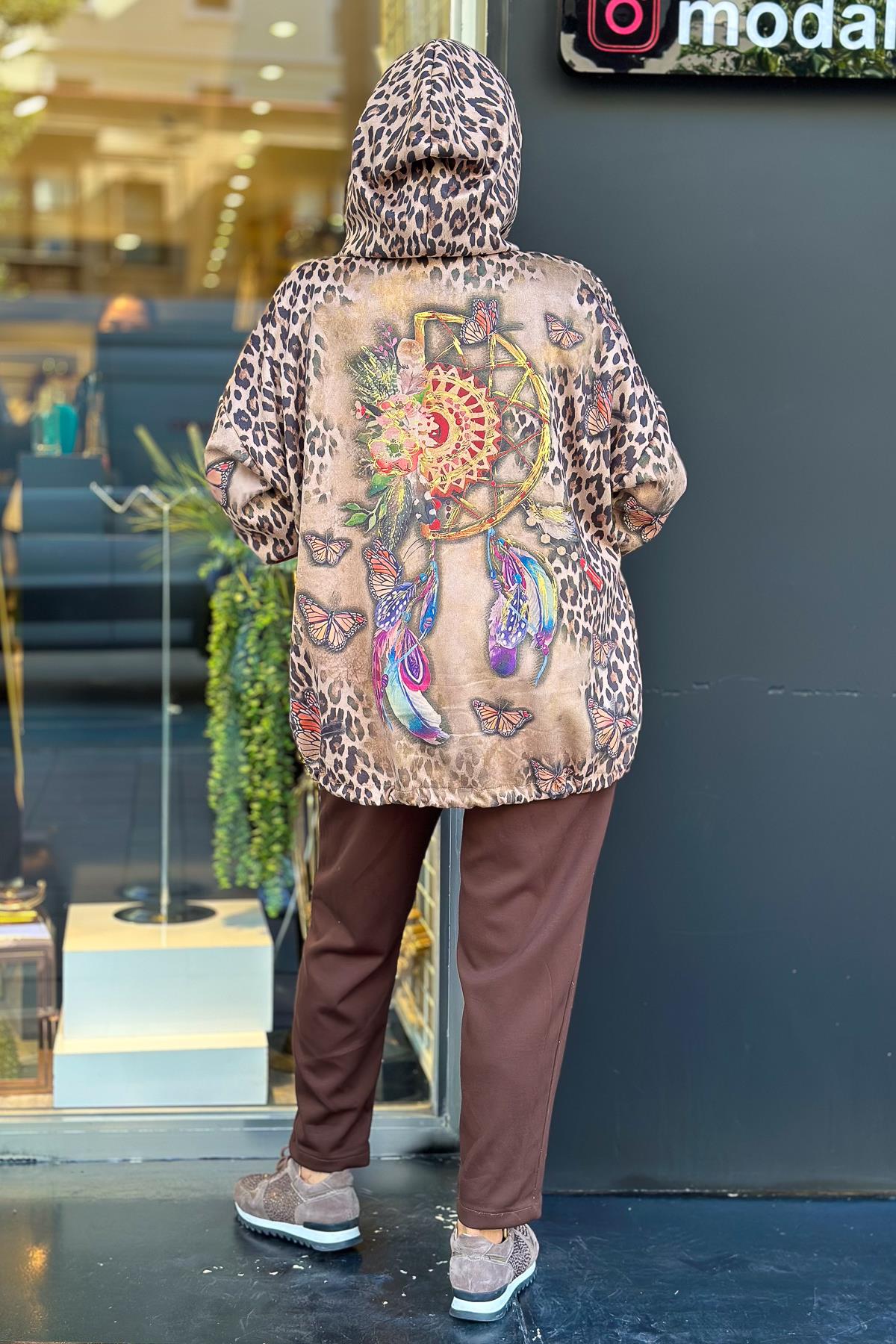 Kelebek Desenli Kapüşonlu Güderi Ceket Camel RenkCEKET