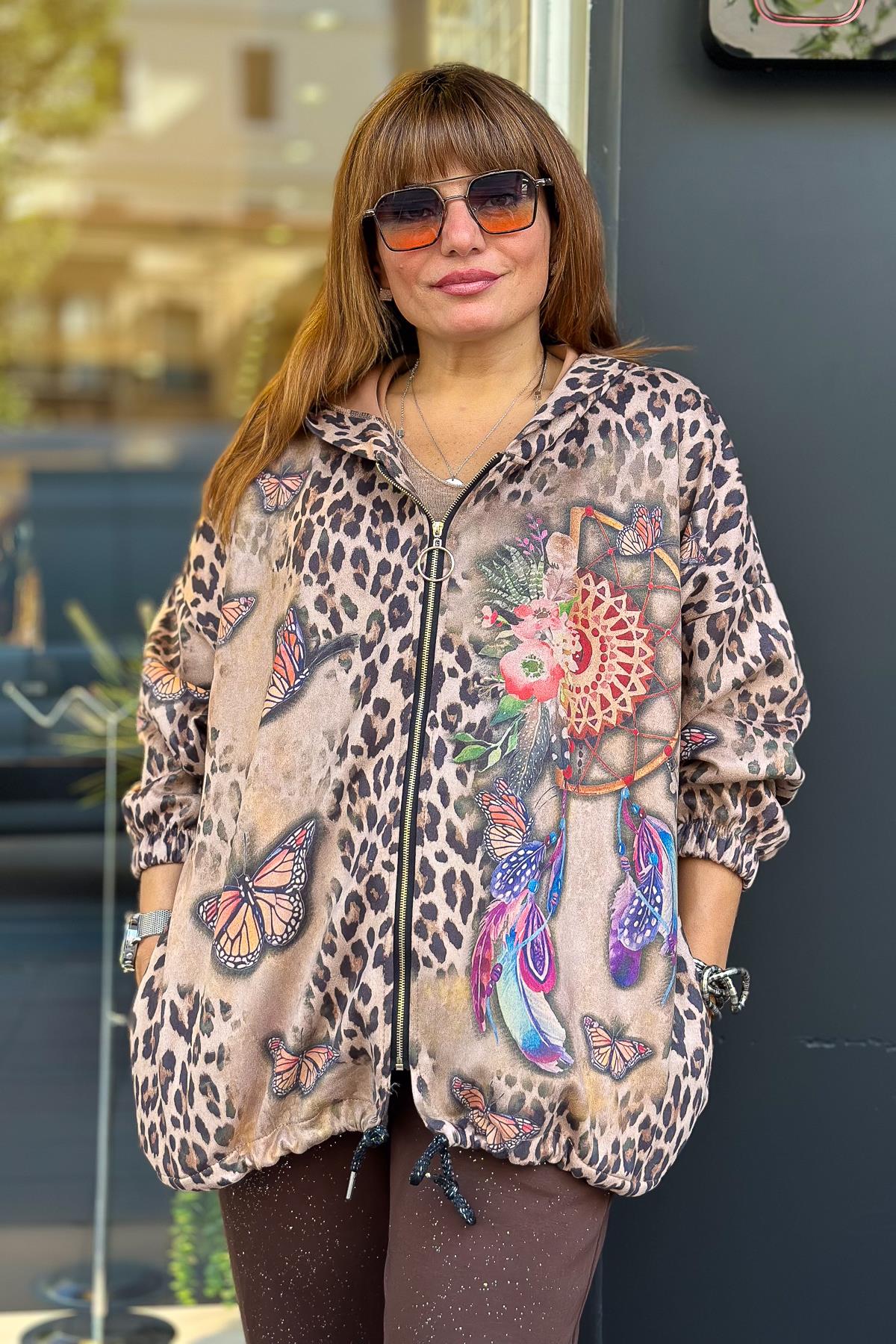 Kelebek Desenli Kapüşonlu Güderi Ceket Camel RenkCEKET