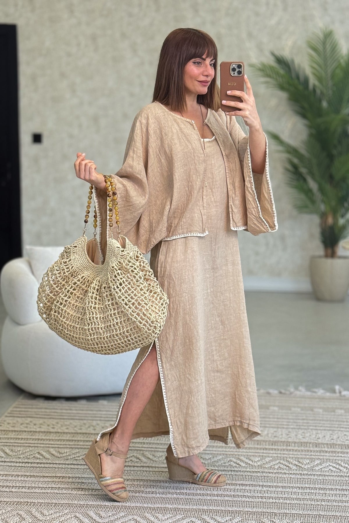 Kenarları Oya İşlemeli Keten Bolero Camel RenkCEKET