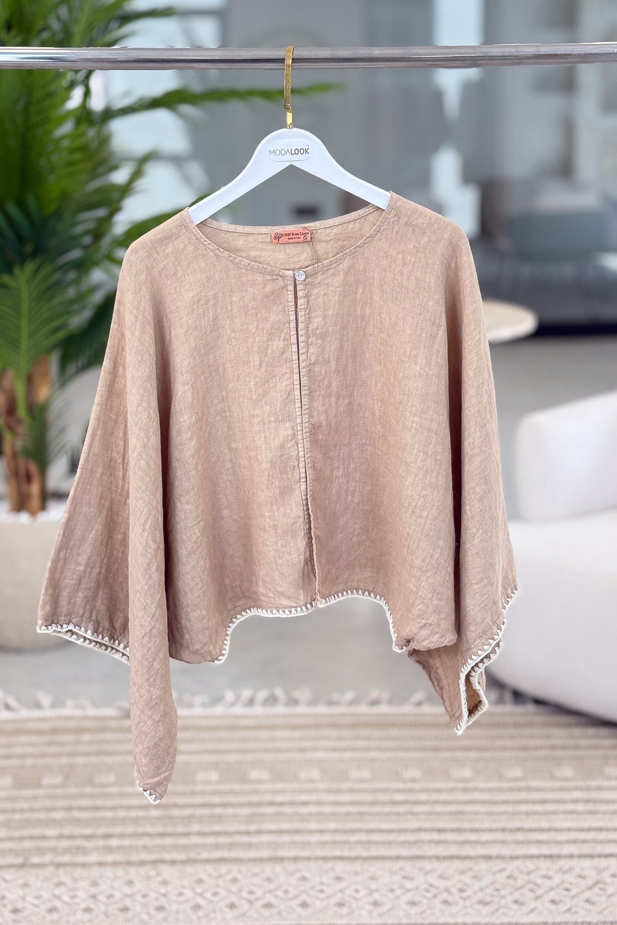 Kenarları Oya İşlemeli Keten Bolero Camel RenkCEKET