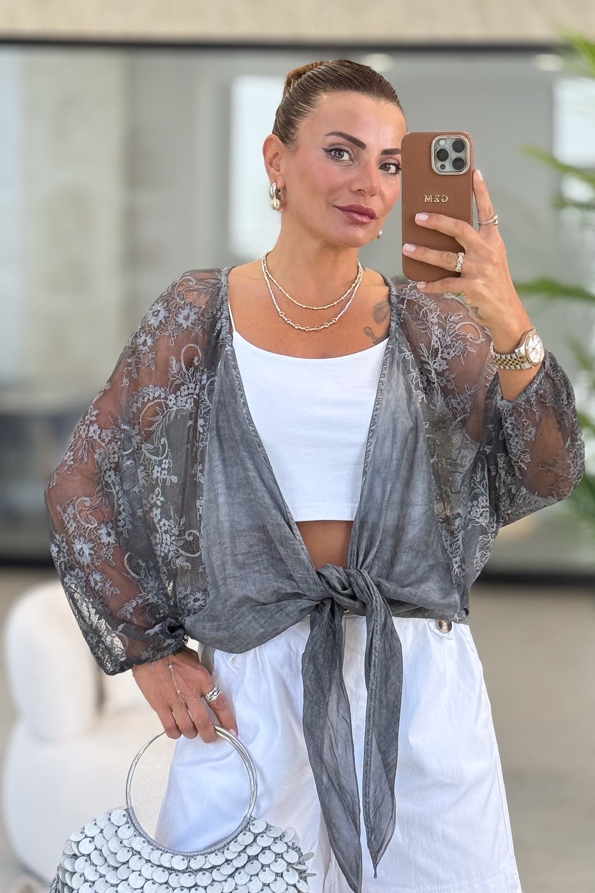 Kolları Dantelli Bolero Füme RenkCEKET