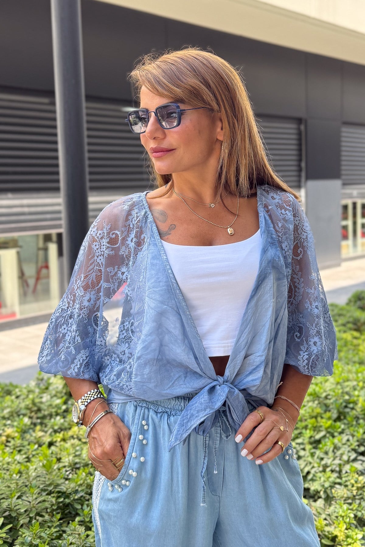 Kolları Dantelli Bolero İndigo RenkCEKET