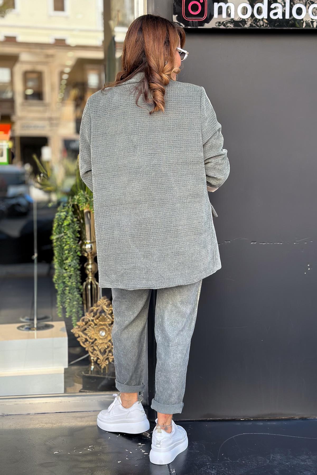 Kolları Şeritli Kadife Blazer Ceket Haki RenkCEKET